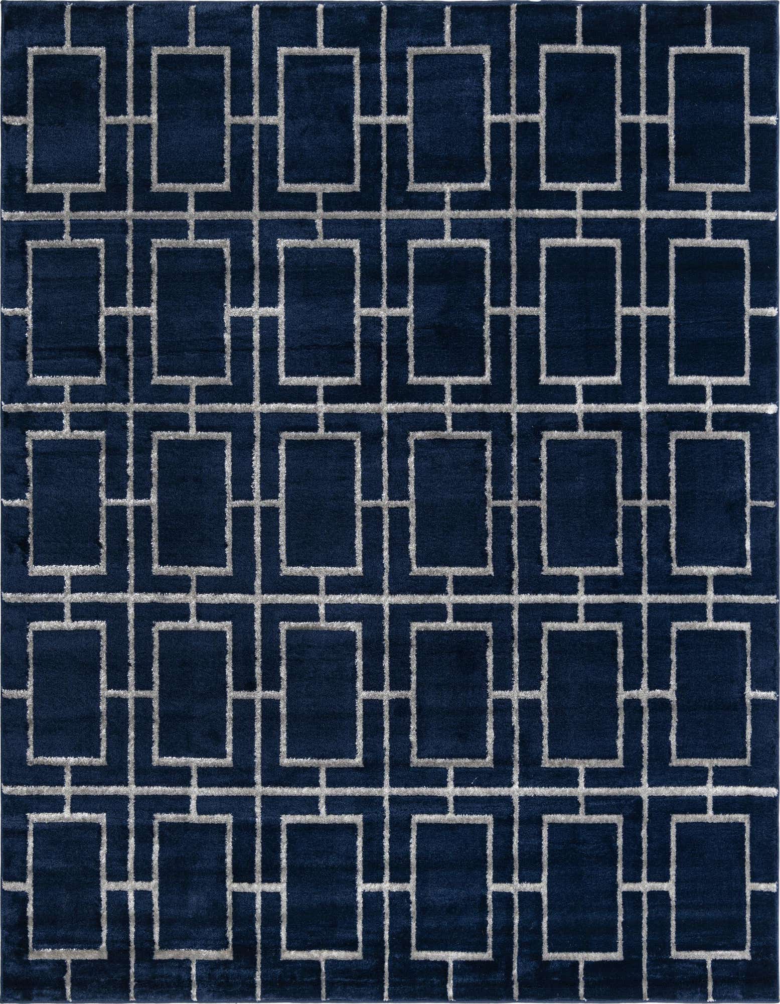 A square navy blue area rug with a textured silver-white modern trellis pattern, perfect for a living room.