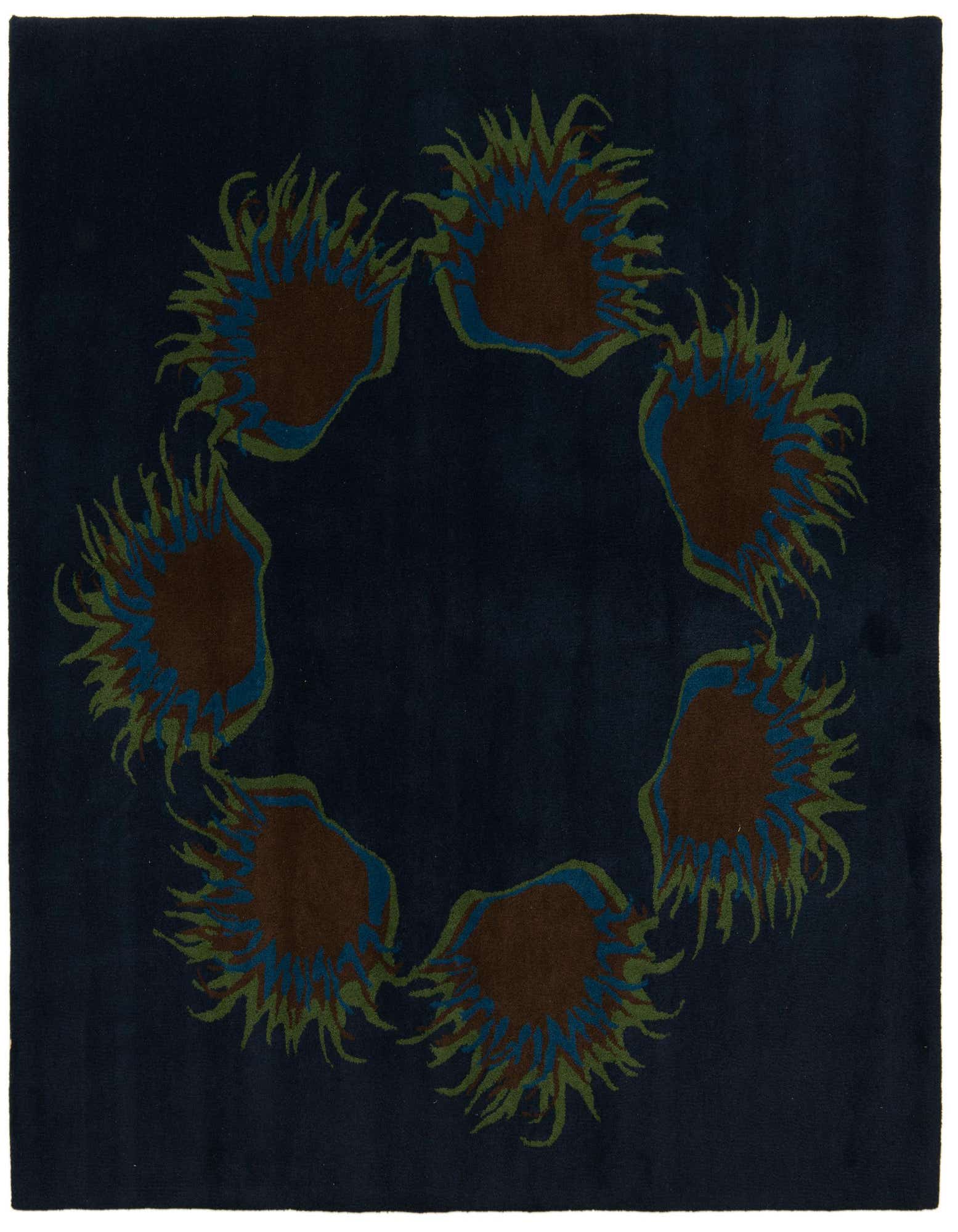 A 7' 4 x 7' 4 square navy blue modern wool rug with a circular pattern of abstract brown, green, and blue floral shapes.