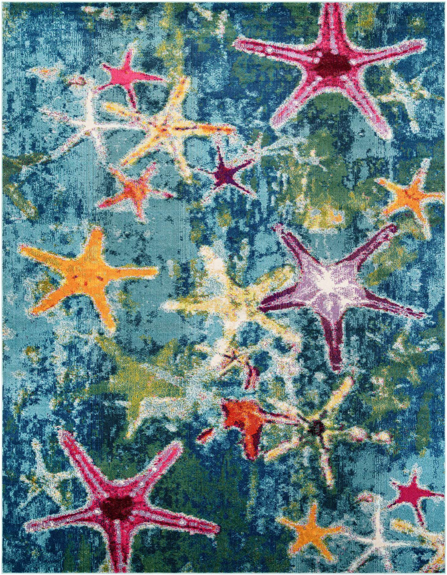 A vibrant 10' square modern rug with a deep blue and green background, featuring colorful starfish in shades of pink, orange, and purple, ideal for a patio or indoor space.