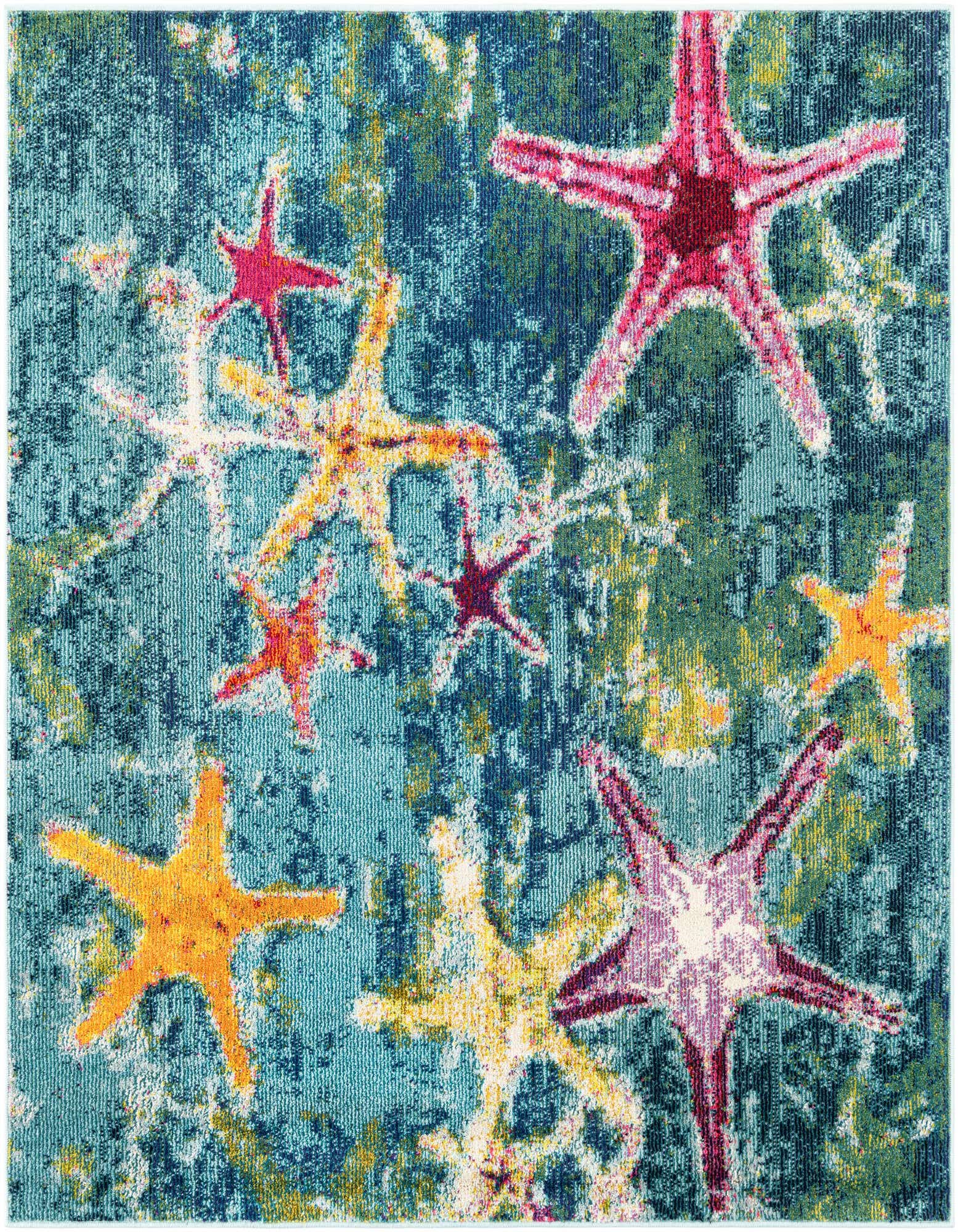 A square rug with a vibrant underwater scene, featuring colorful starfish in shades of red, orange, yellow, and purple against a textured blue and green background.