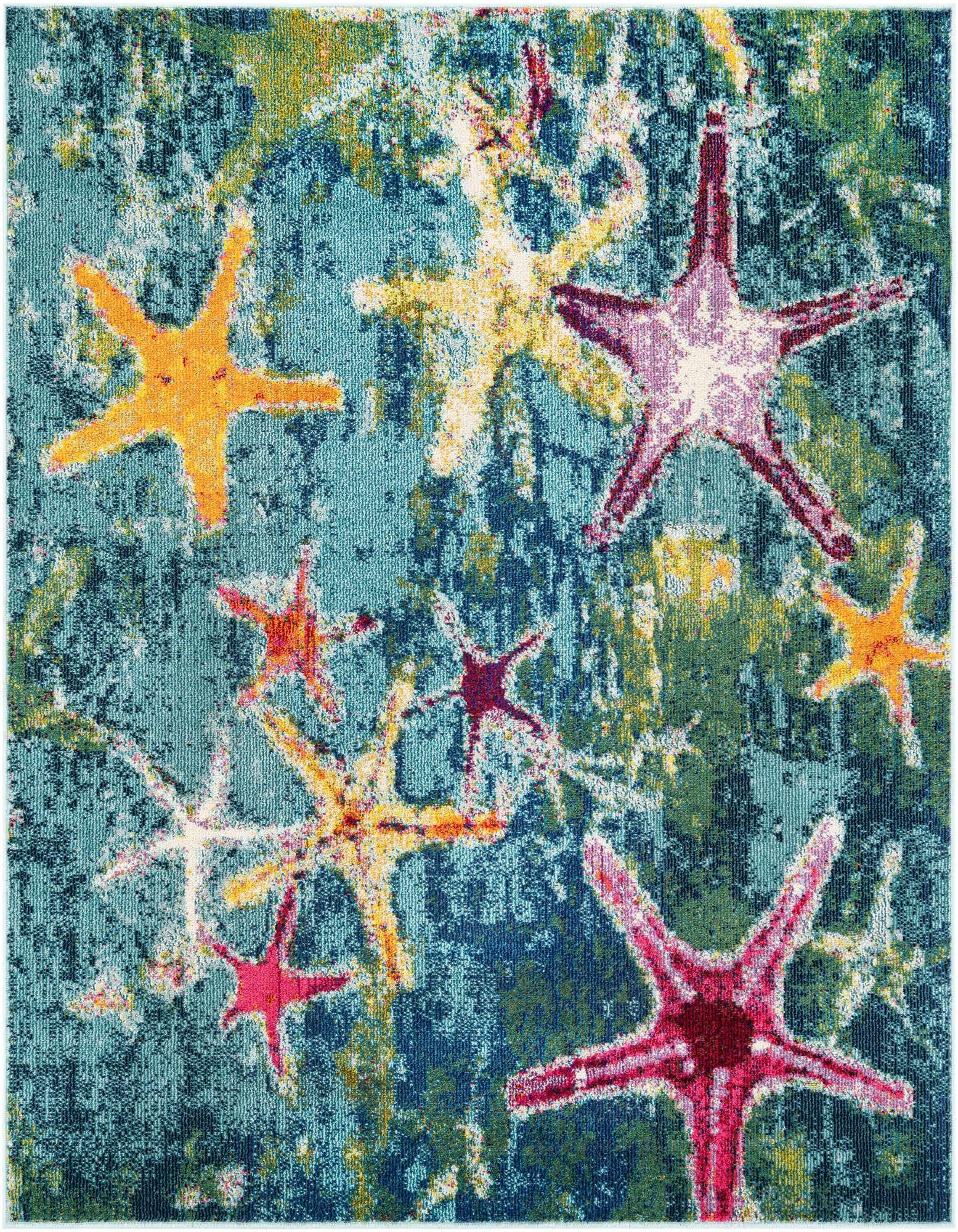 A square blue rug with a modern beach/nautical pattern featuring colorful starfish in shades of orange, yellow, pink, and purple.