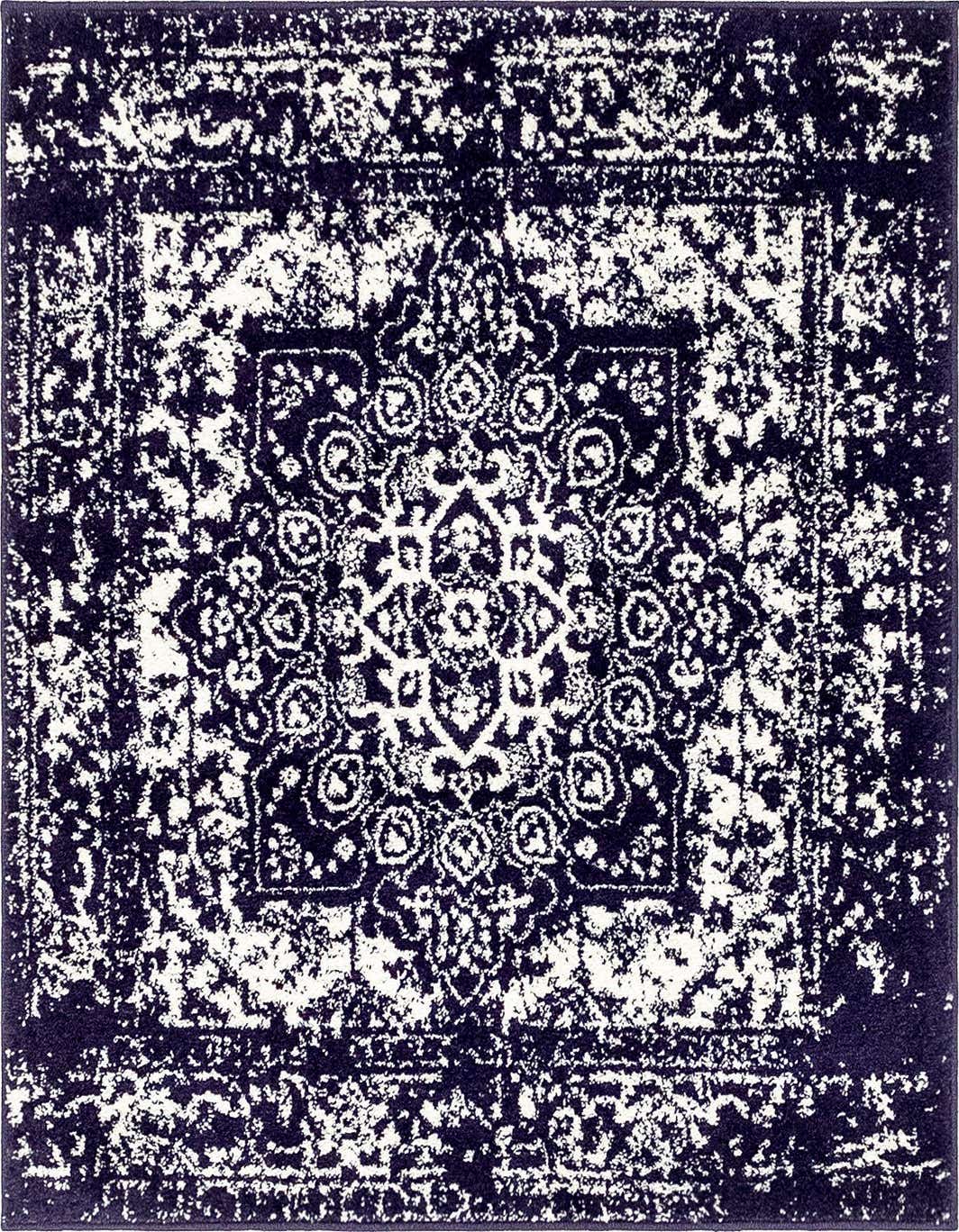 A 4' 0 x 4' 0 square navy blue area rug with a distressed traditional medallion pattern in white, suitable for indoor spaces.