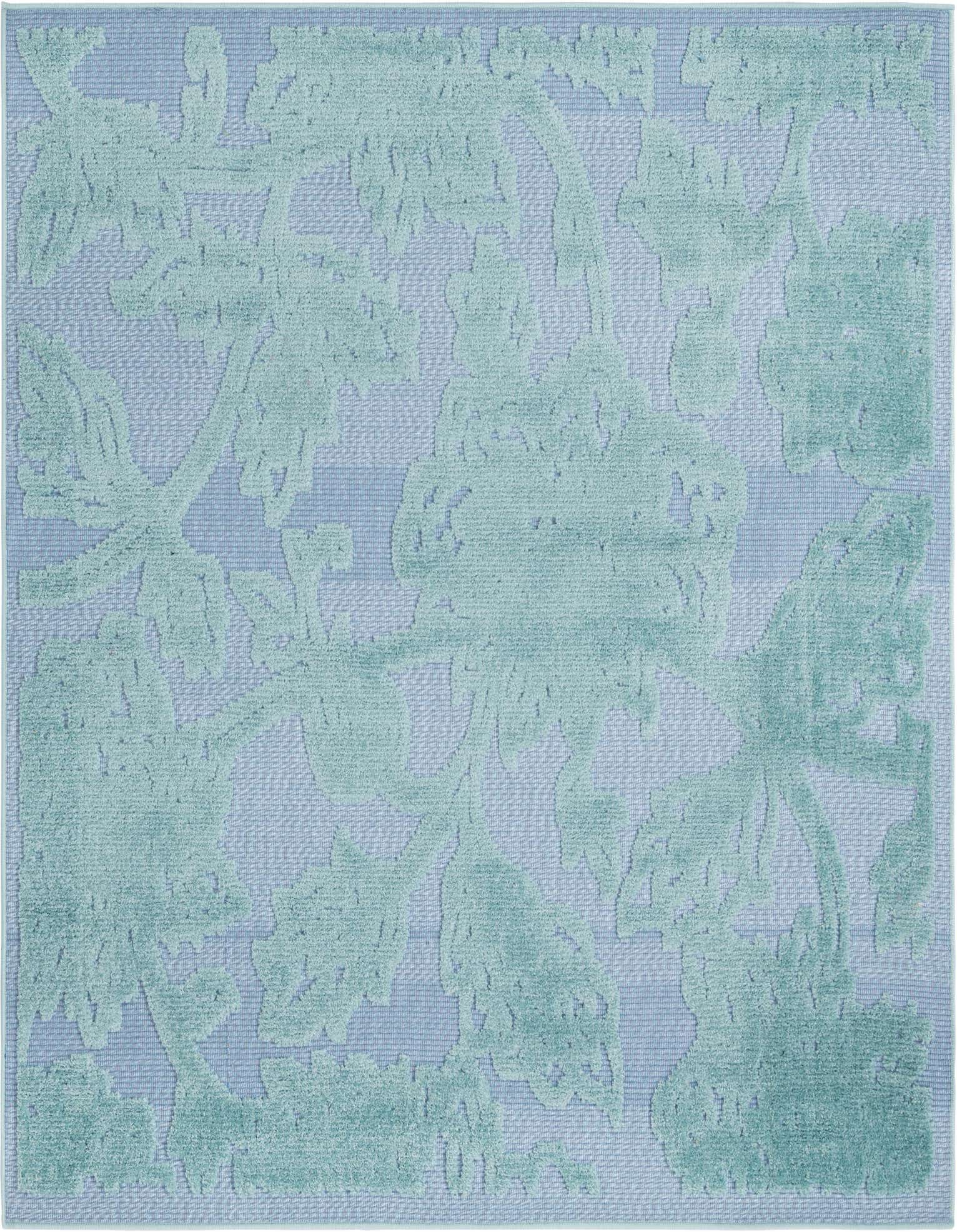 A 5'3" x 5'3" square Rugs.com Aruba Outdoor rug featuring a modern botanical pattern in varying shades of blue, ideal for a patio.