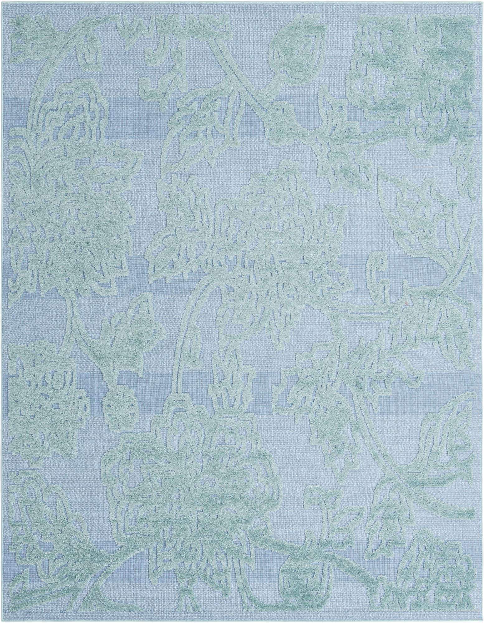 A 7' 10 x 7' 10 square blue indoor/outdoor rug with a subtle botanical floral pattern.