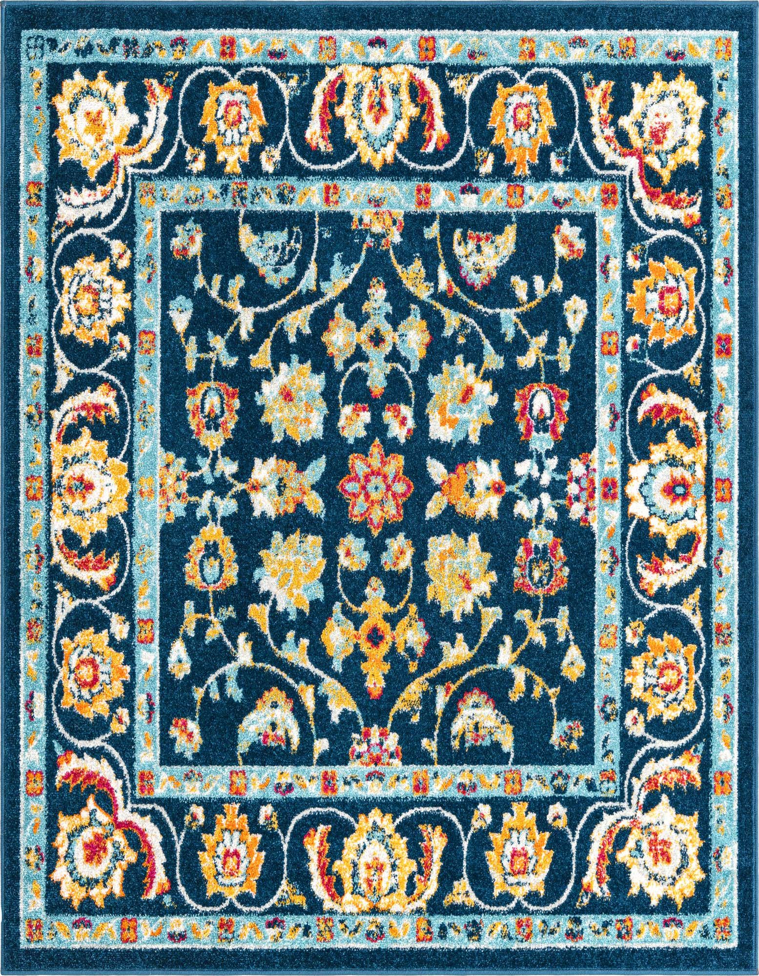 A 6x6 square navy blue rug with a traditional botanical pattern in yellow, orange, and light blue.