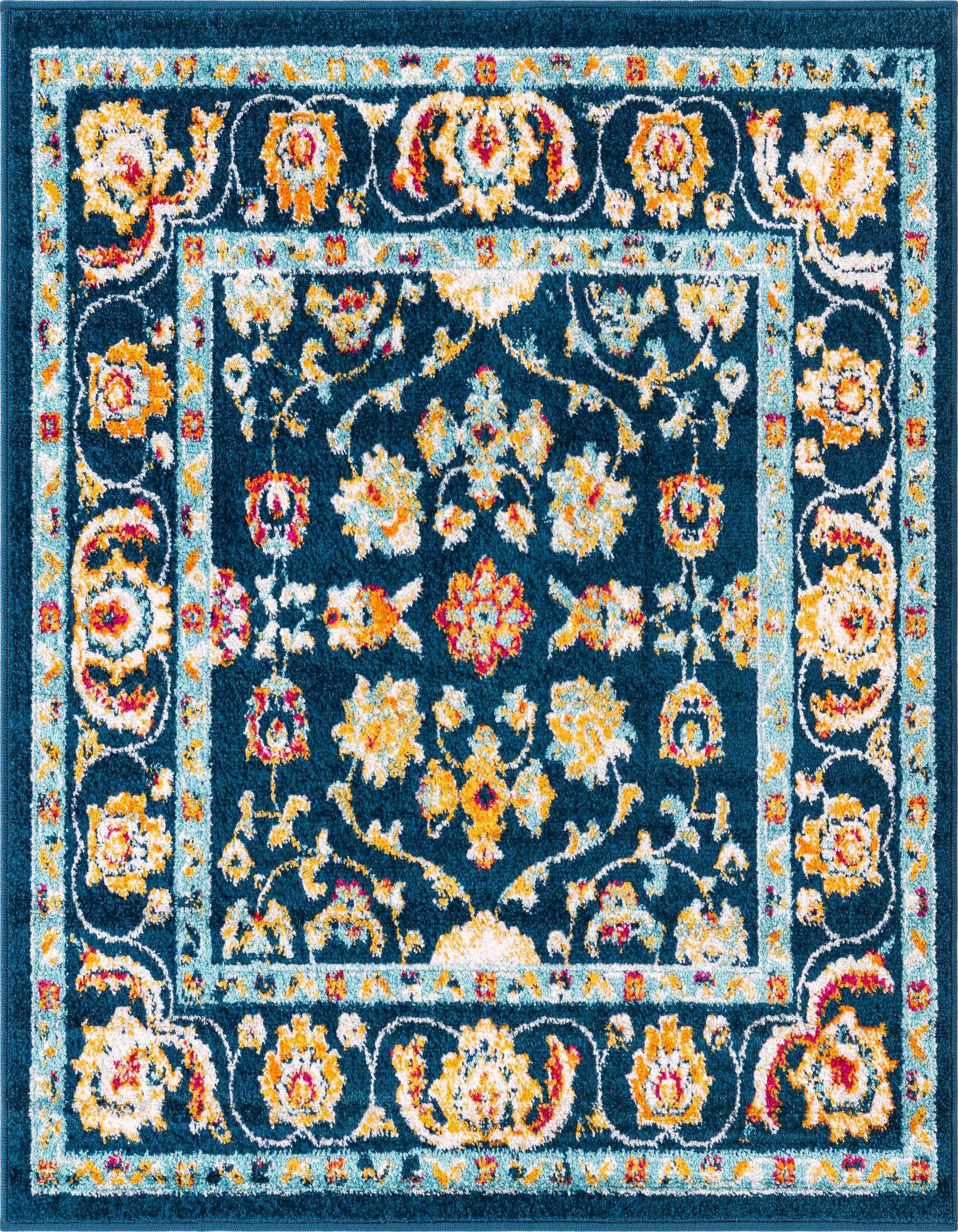 Aurelia 4'x4' square rug in navy blue with a distressed traditional floral pattern in yellow, orange, and light blue.