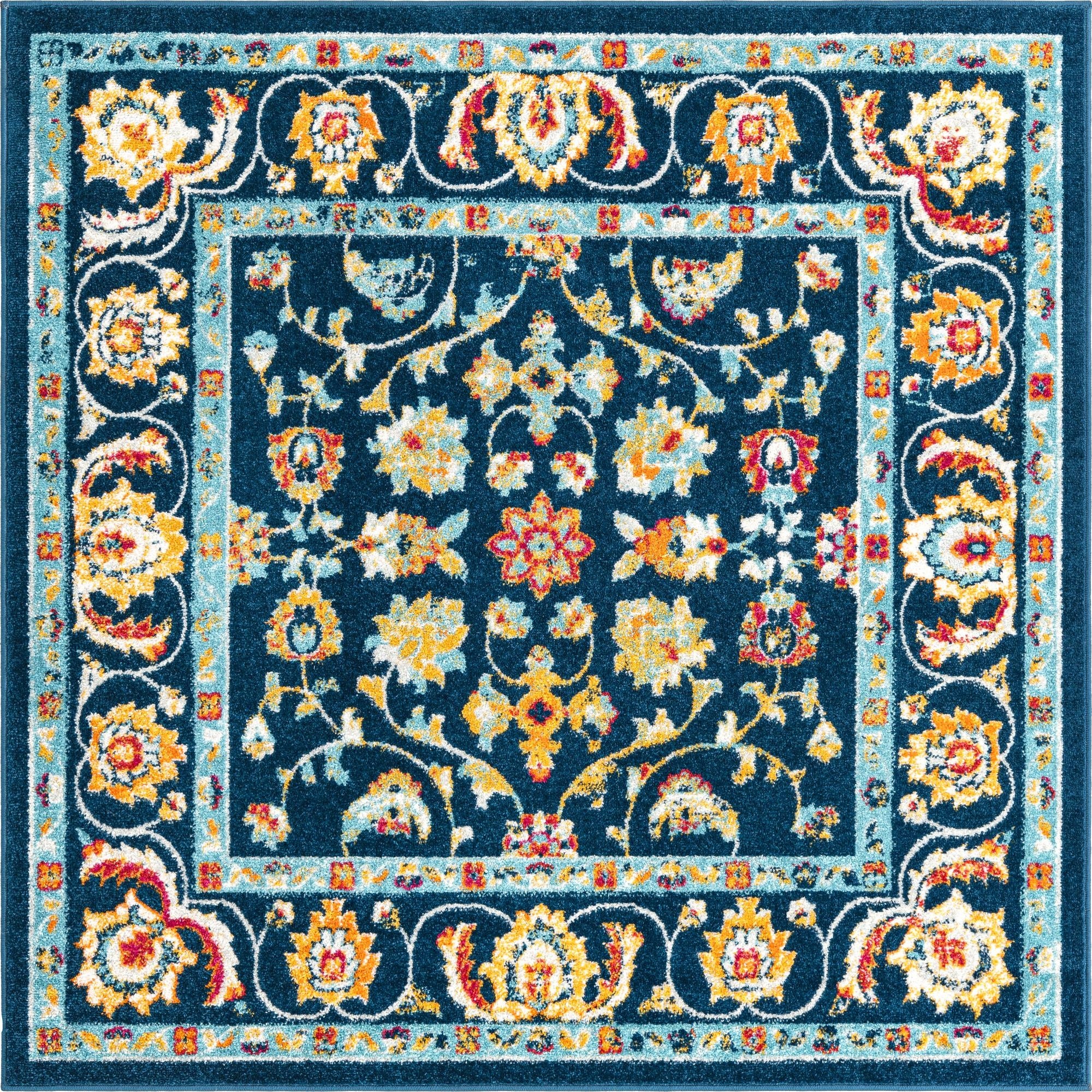 A 6x6 square navy blue rug with a traditional botanical pattern in yellow, orange, and light blue.
