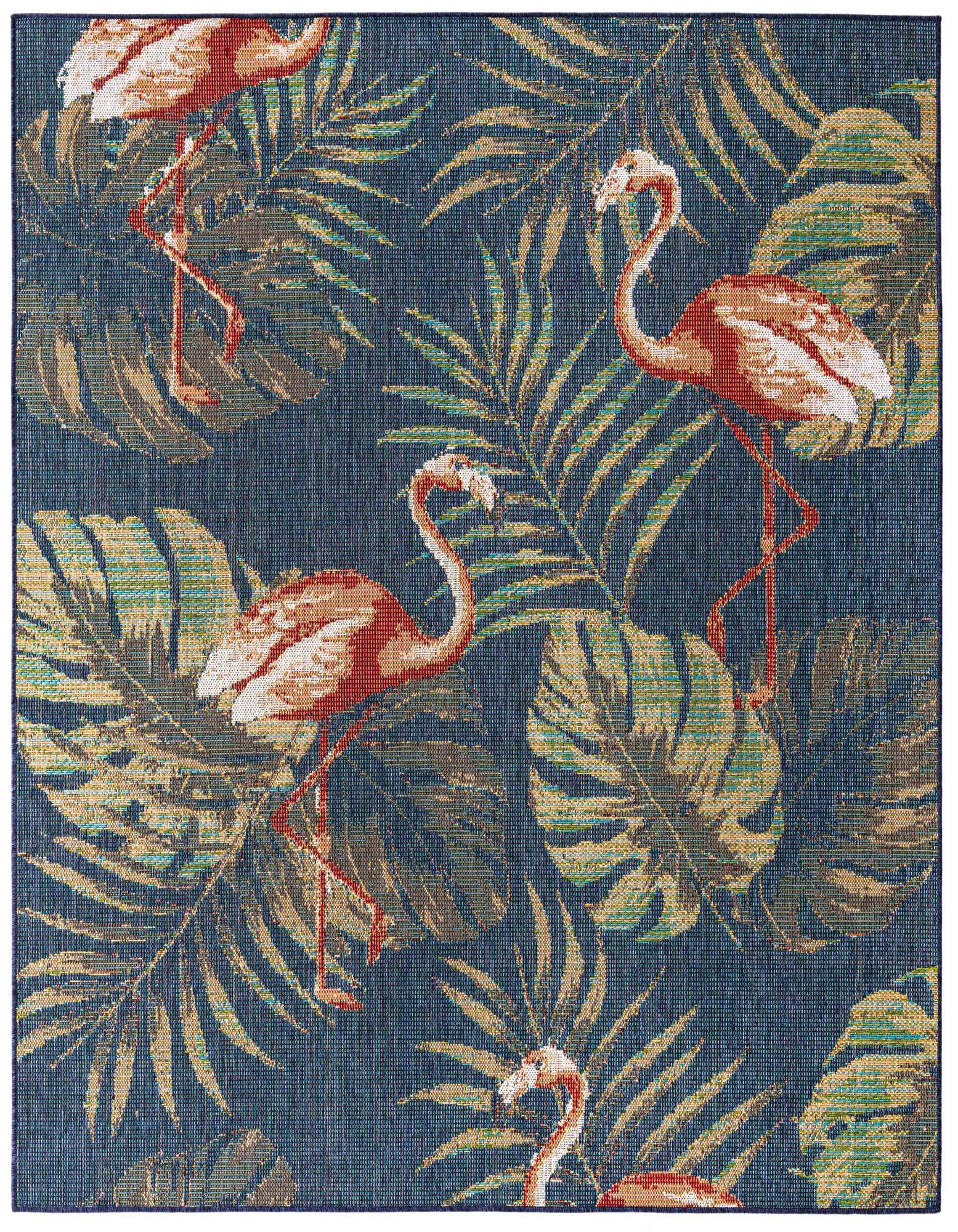 A square navy blue indoor/outdoor rug featuring a vibrant botanical pattern with pink flamingos and green and gold palm leaves.