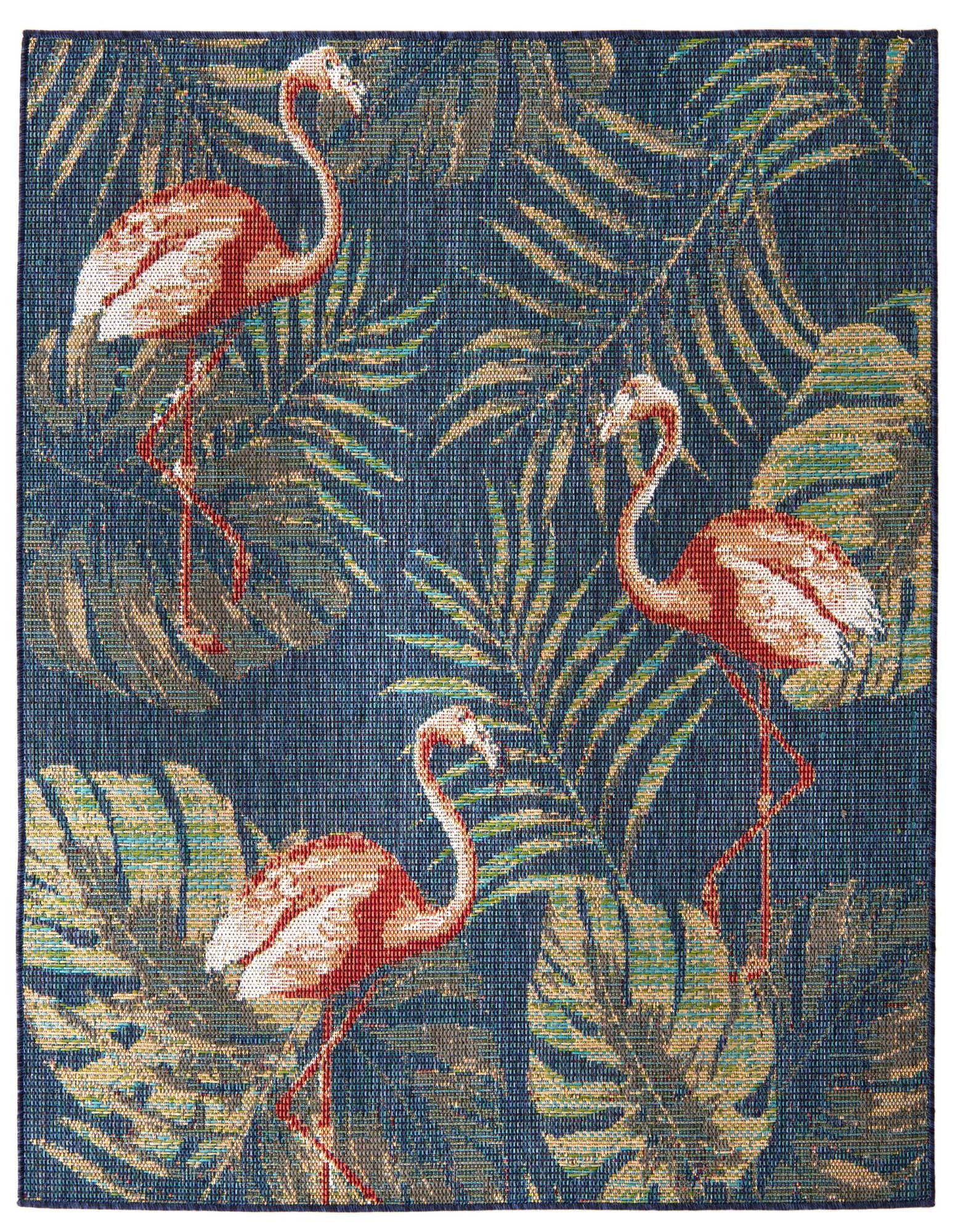 A square navy blue indoor/outdoor rug featuring a vibrant botanical pattern with pink flamingos and green and gold palm leaves.