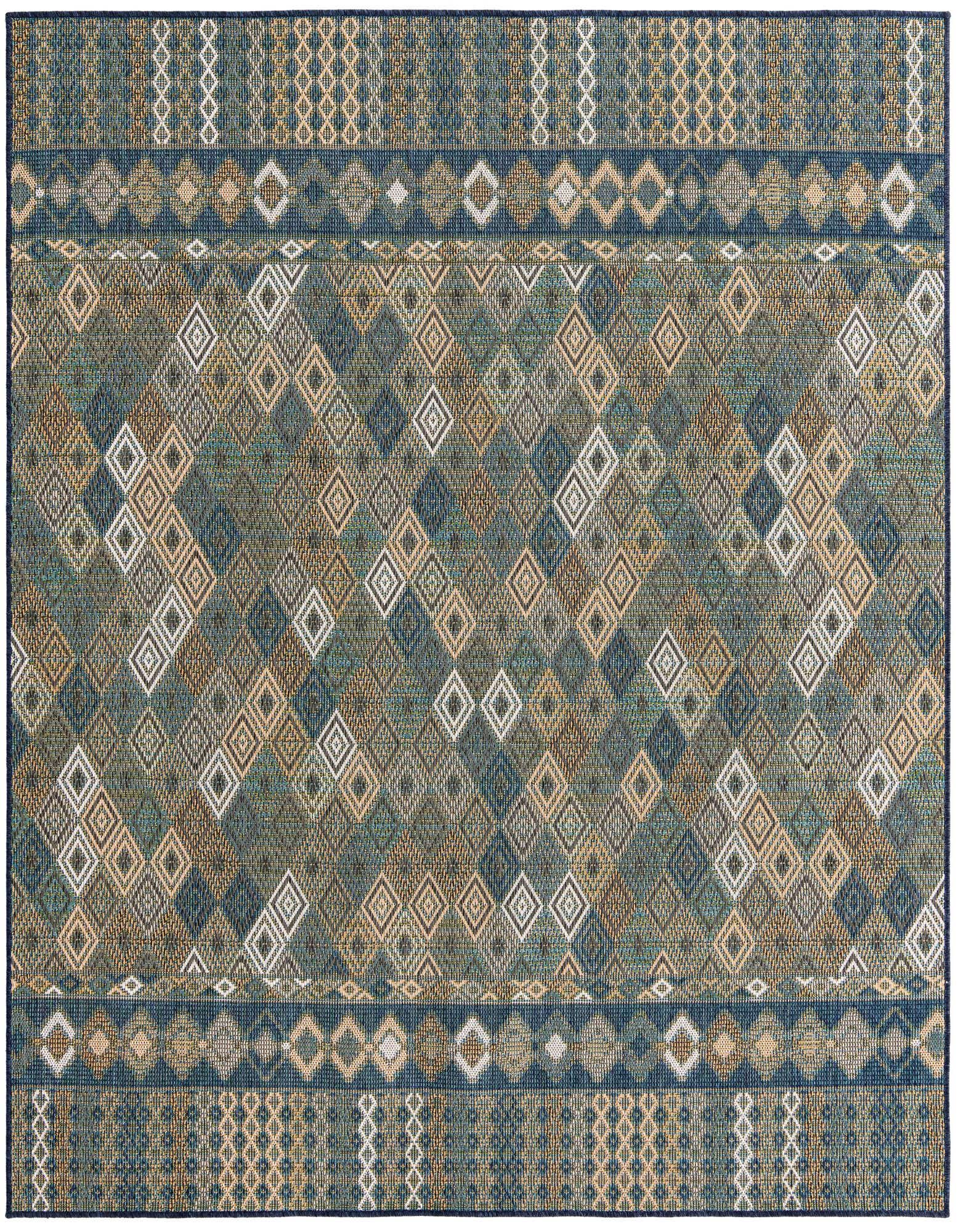 A 7' 10 x 7' 10 square Baja Outdoor rug featuring a modern trellis pattern in shades of blue, green, and beige, suitable for a patio.