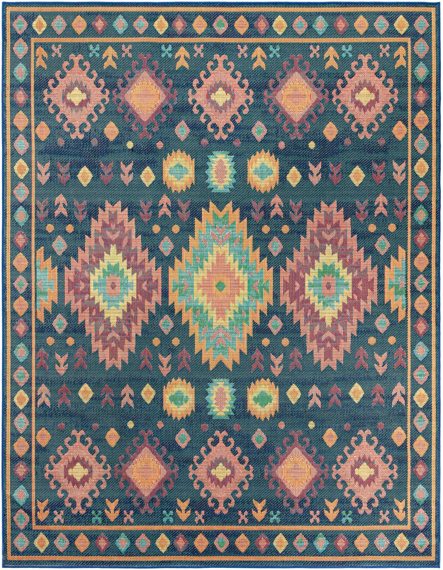 A 10'x10' square Baja Outdoor rug featuring a vibrant Southwestern tribal pattern in blues, oranges, and pinks.