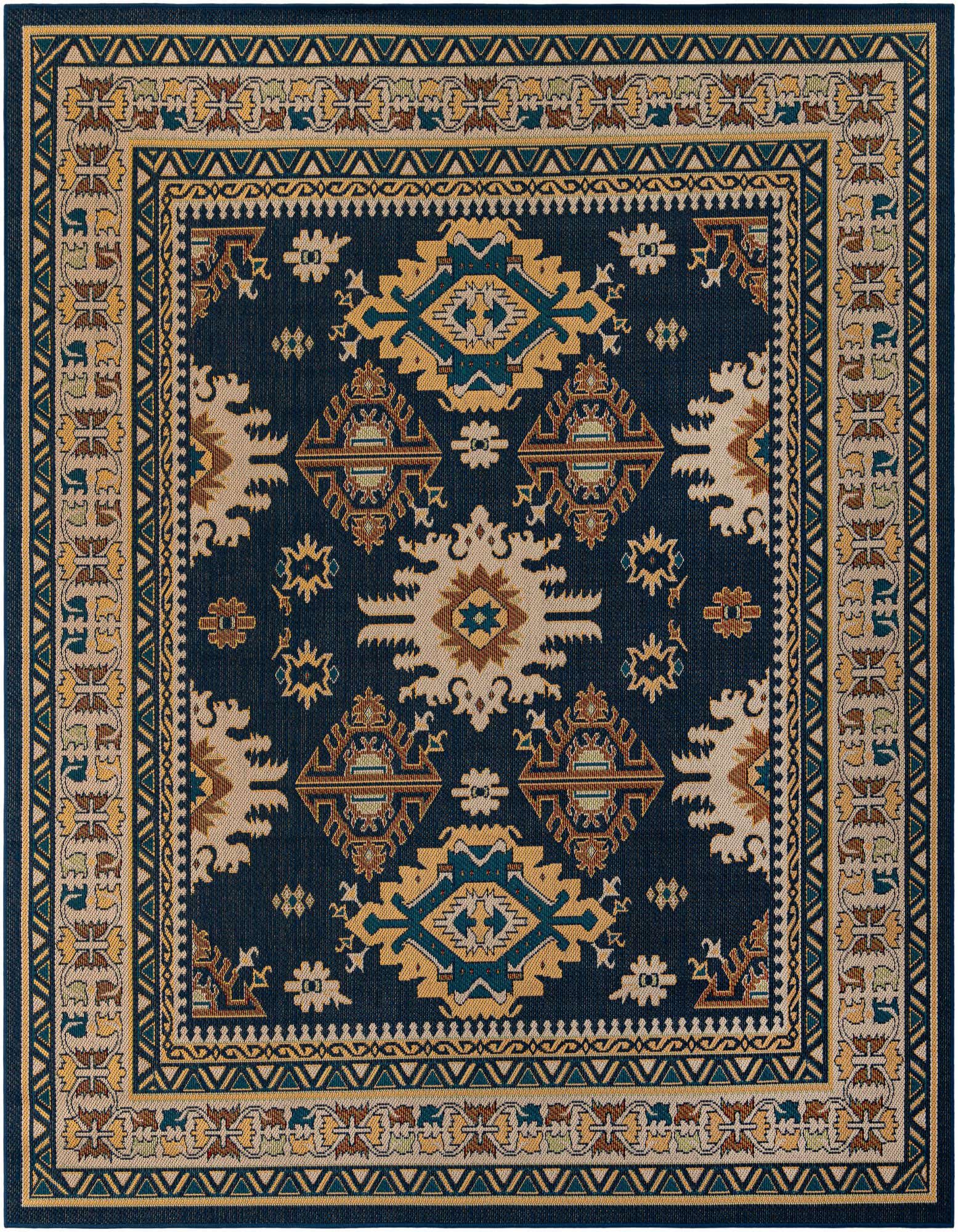 A 10' square Baja Outdoor rug featuring a traditional Oriental pattern in shades of navy blue, gold, and beige.