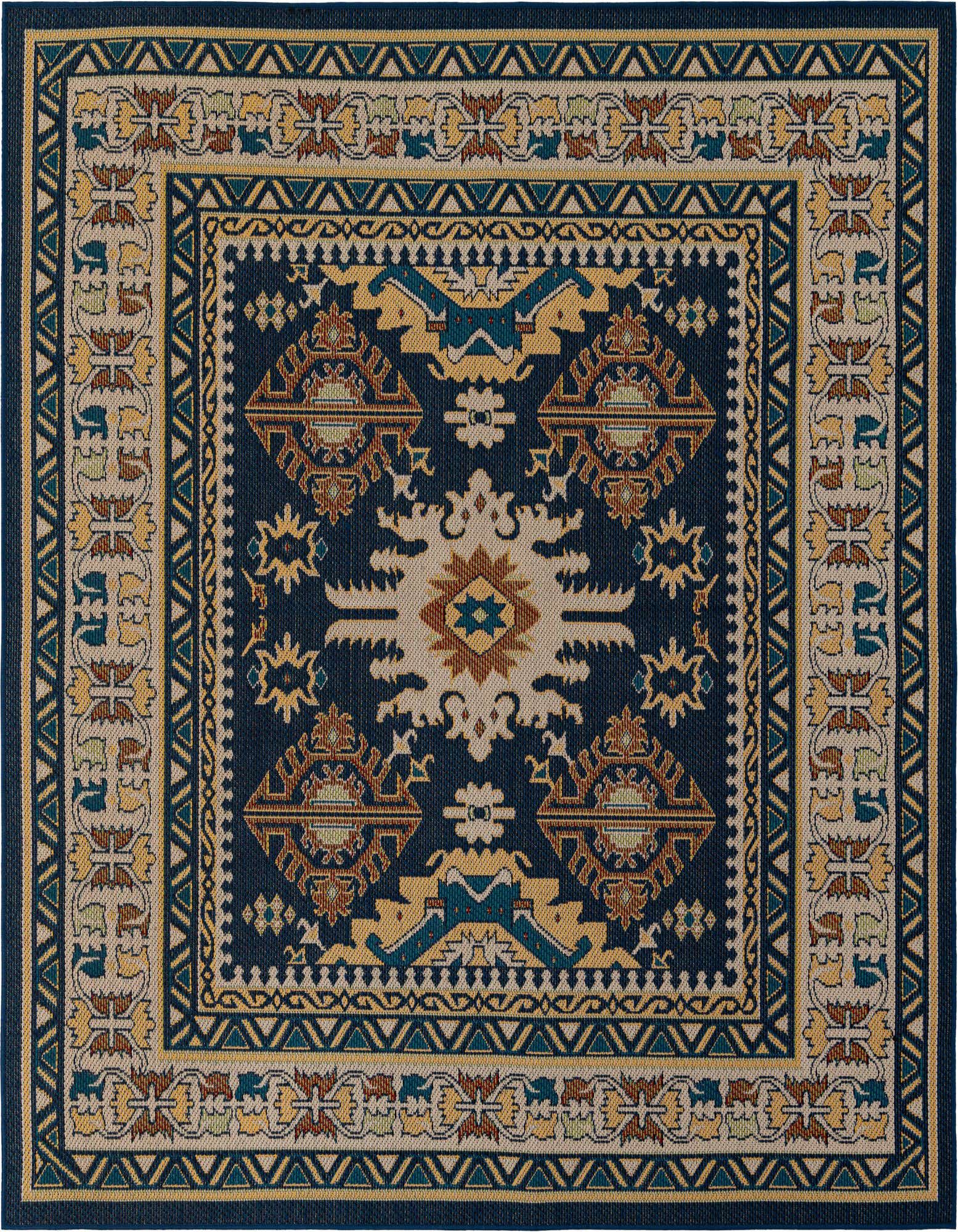 A 7' 10 x 7' 10 square Baja Outdoor rug with a navy blue background and a multi-colored traditional medallion pattern in gold, beige, and teal.