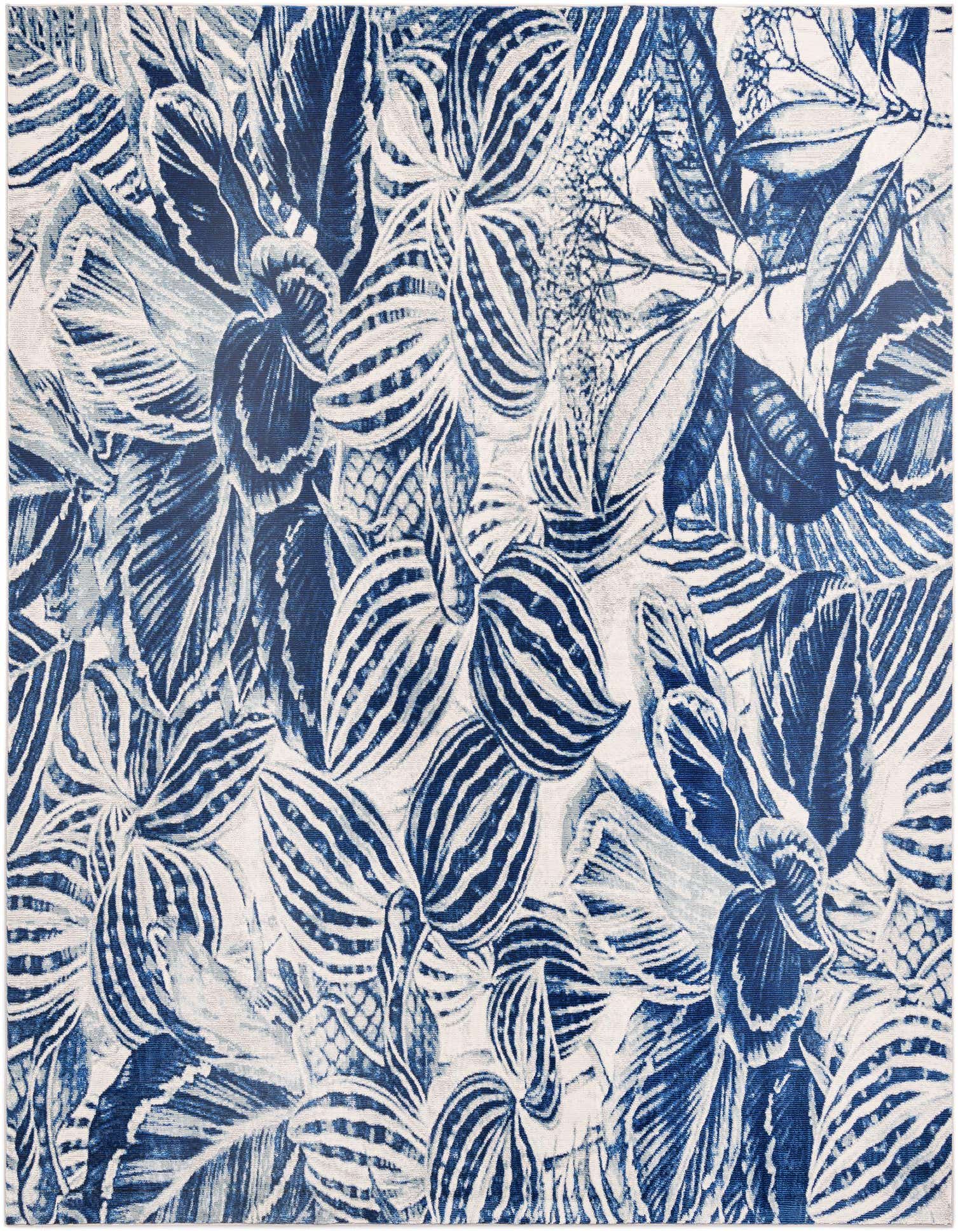 A 7' 10 x 7' 10 square Rugs.com Blossom rug featuring a modern botanical pattern in various shades of blue on a white background.