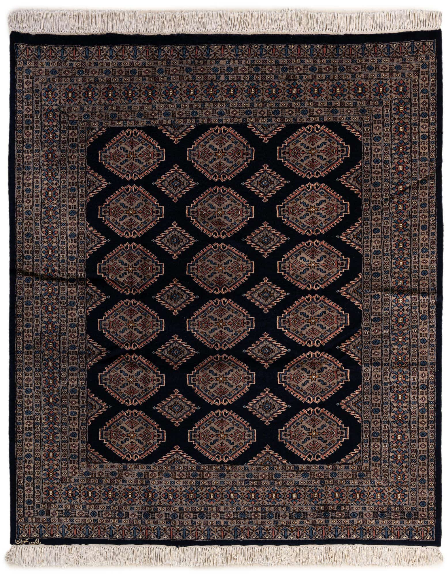 A 6' 4 x 6' 8 square navy blue Bokhara wool rug with traditional tribal patterns and white fringe.