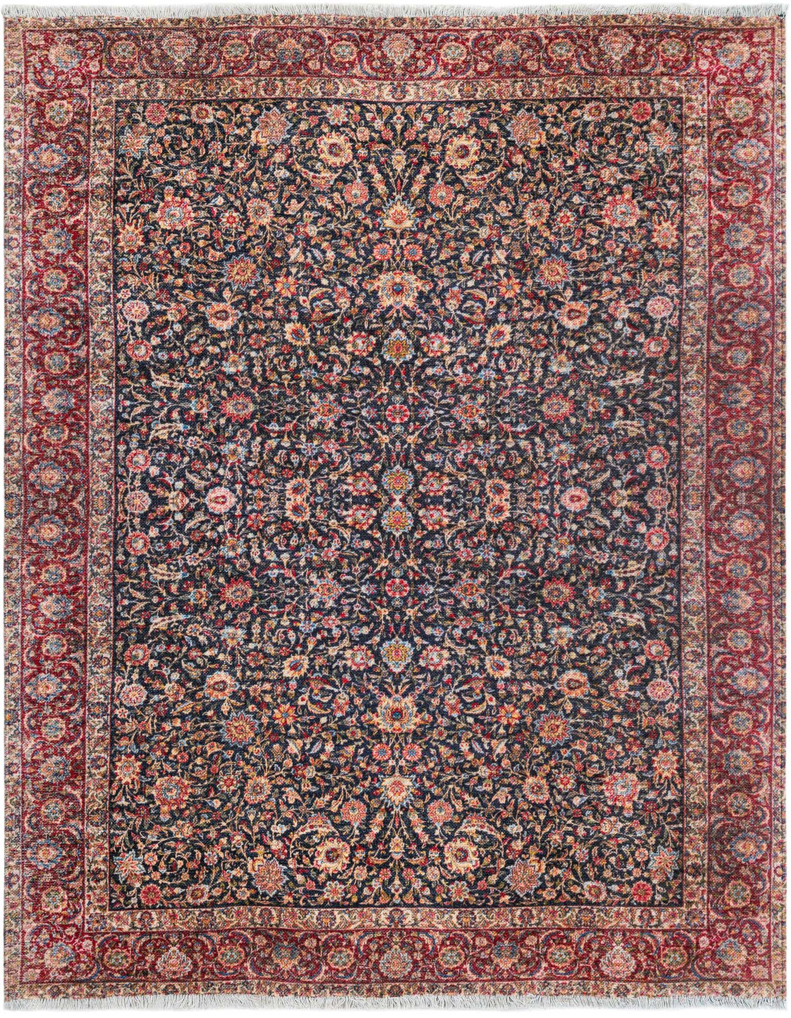 A square 5'1" x 5'1" traditional floral rug with a dark blue field and a rich red border.