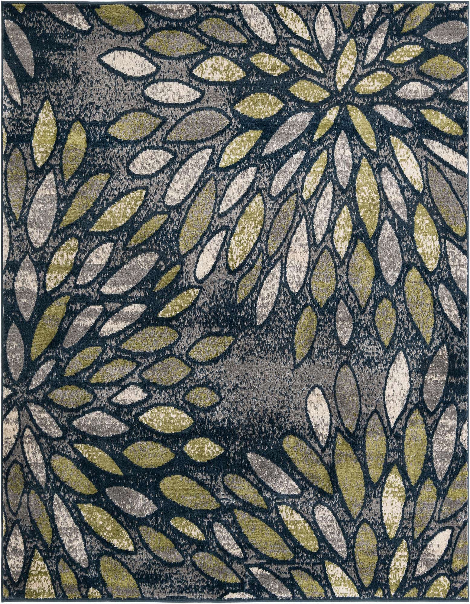 A square 7' x 7' Charleston rug with a modern floral pattern in shades of navy blue, olive green, grey, and cream.