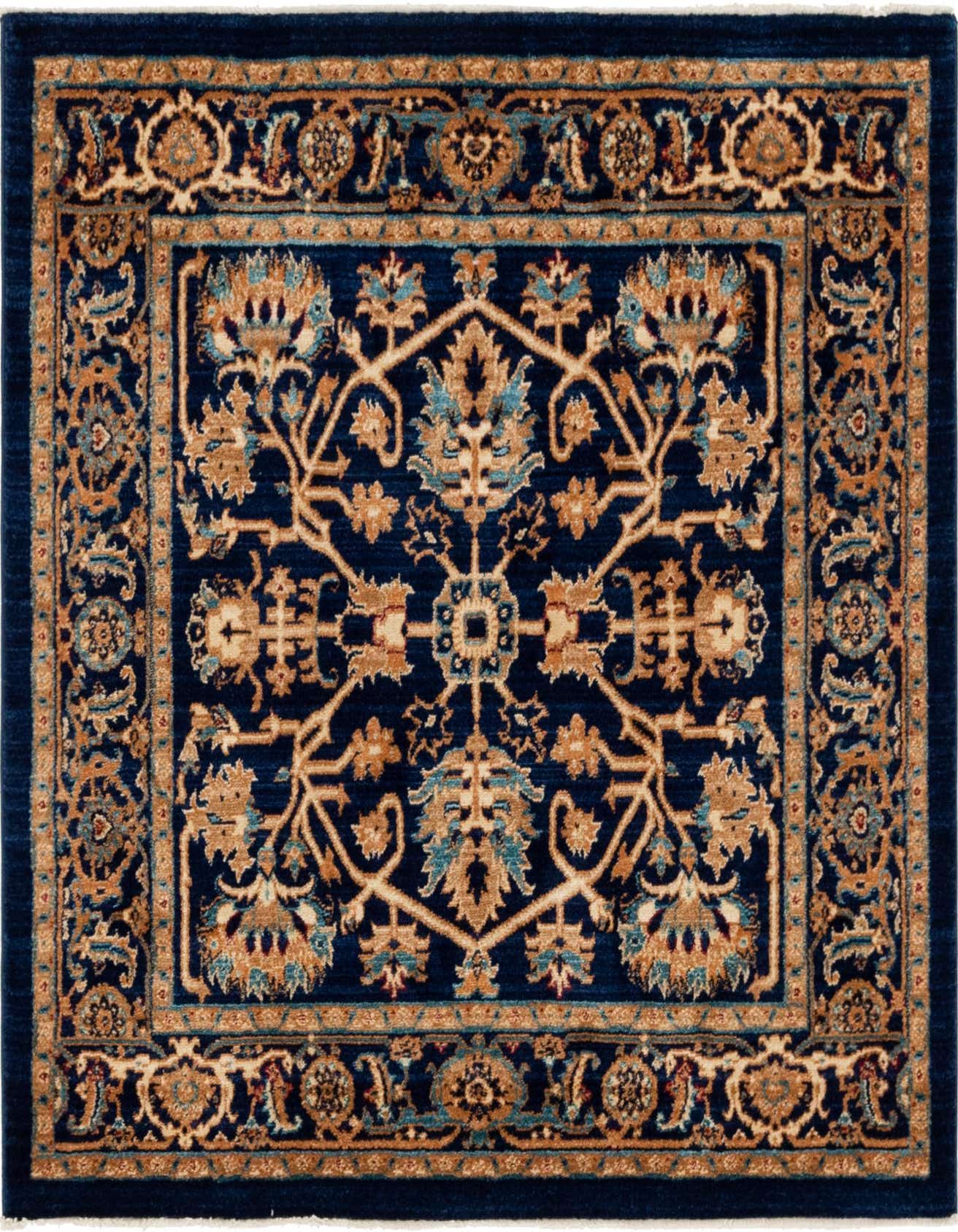 A 4' 5 x 4' 5 square Charlestown rug featuring a traditional botanical medallion pattern in shades of navy blue, light blue, and tan.