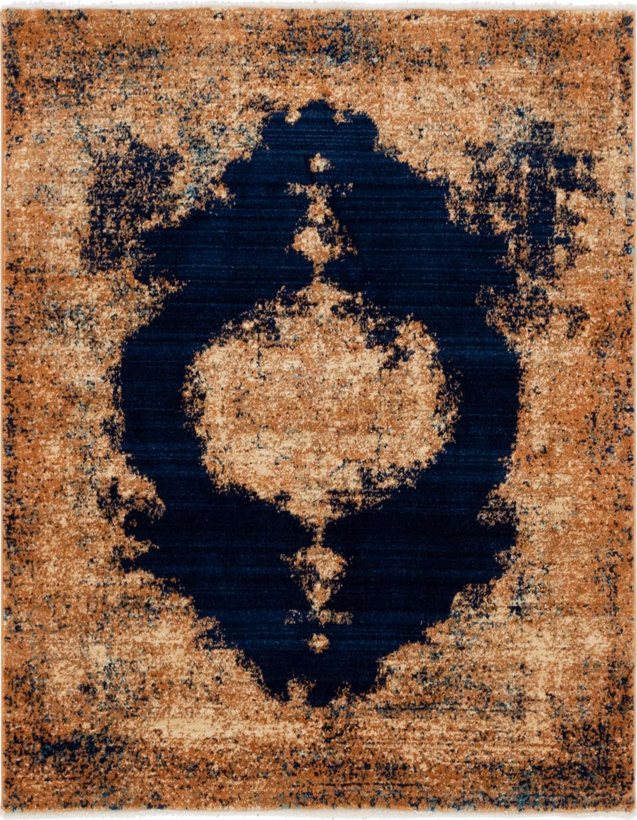 A square 4' 5 x 4' 5 Charlestown rug featuring a distressed navy blue medallion pattern on a warm brown and beige background.