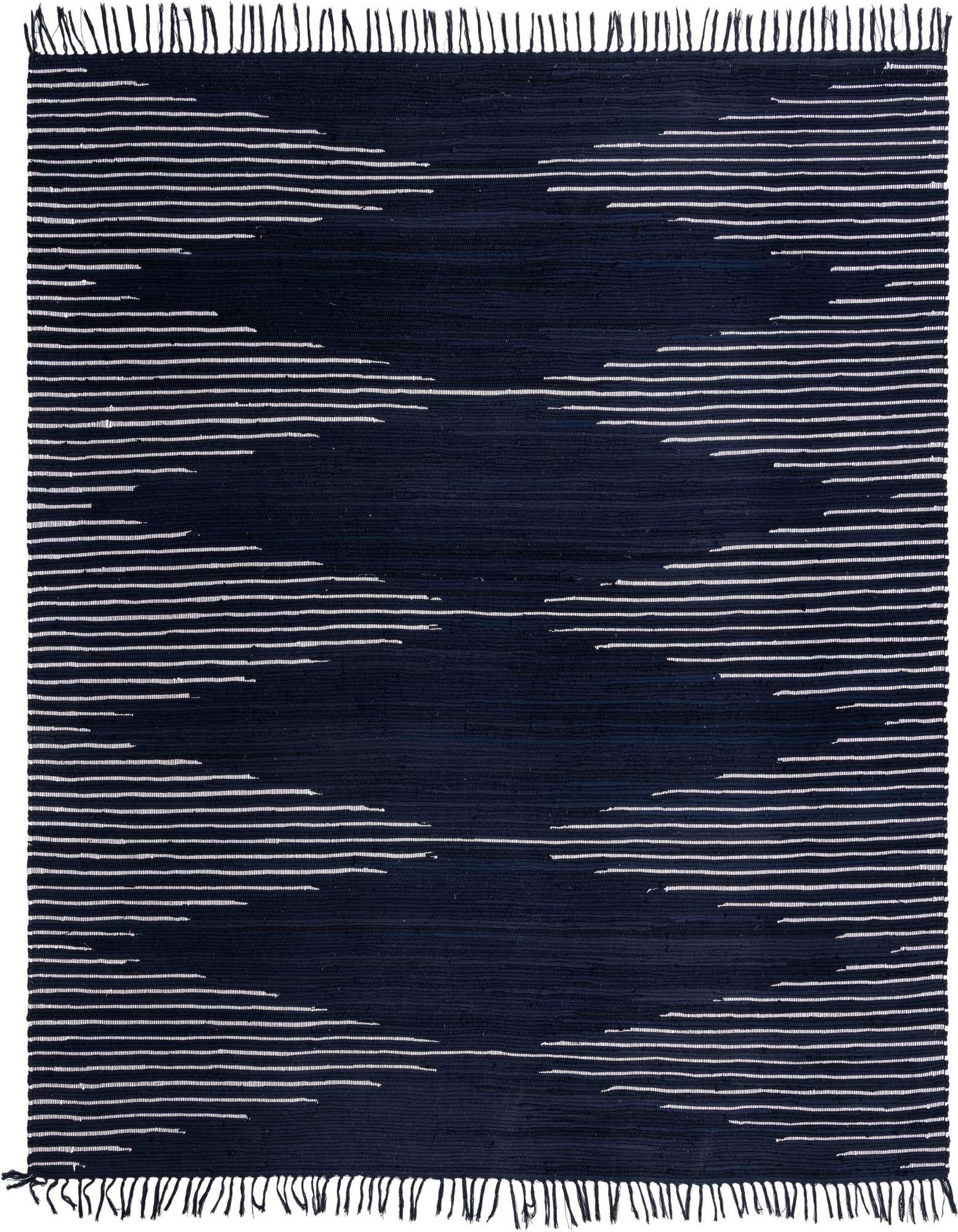 A 10'x10' square navy blue flatweave rug with a subtle white linear pattern and fringed edges, suitable for a living room.