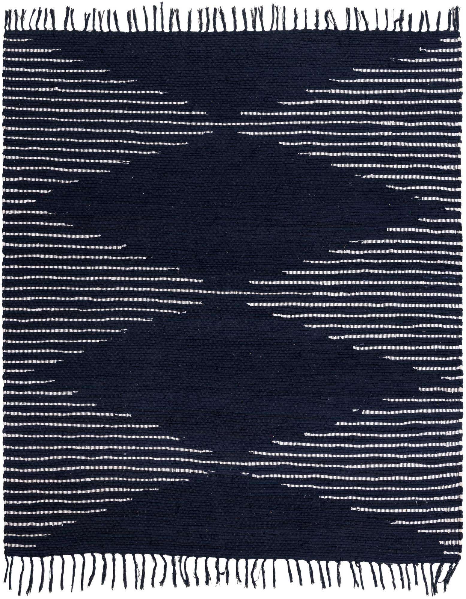 A 7' 1 x 7' 1 square navy blue flatweave cotton rug with white horizontal dashed lines forming a tribal pattern, featuring fringed edges.