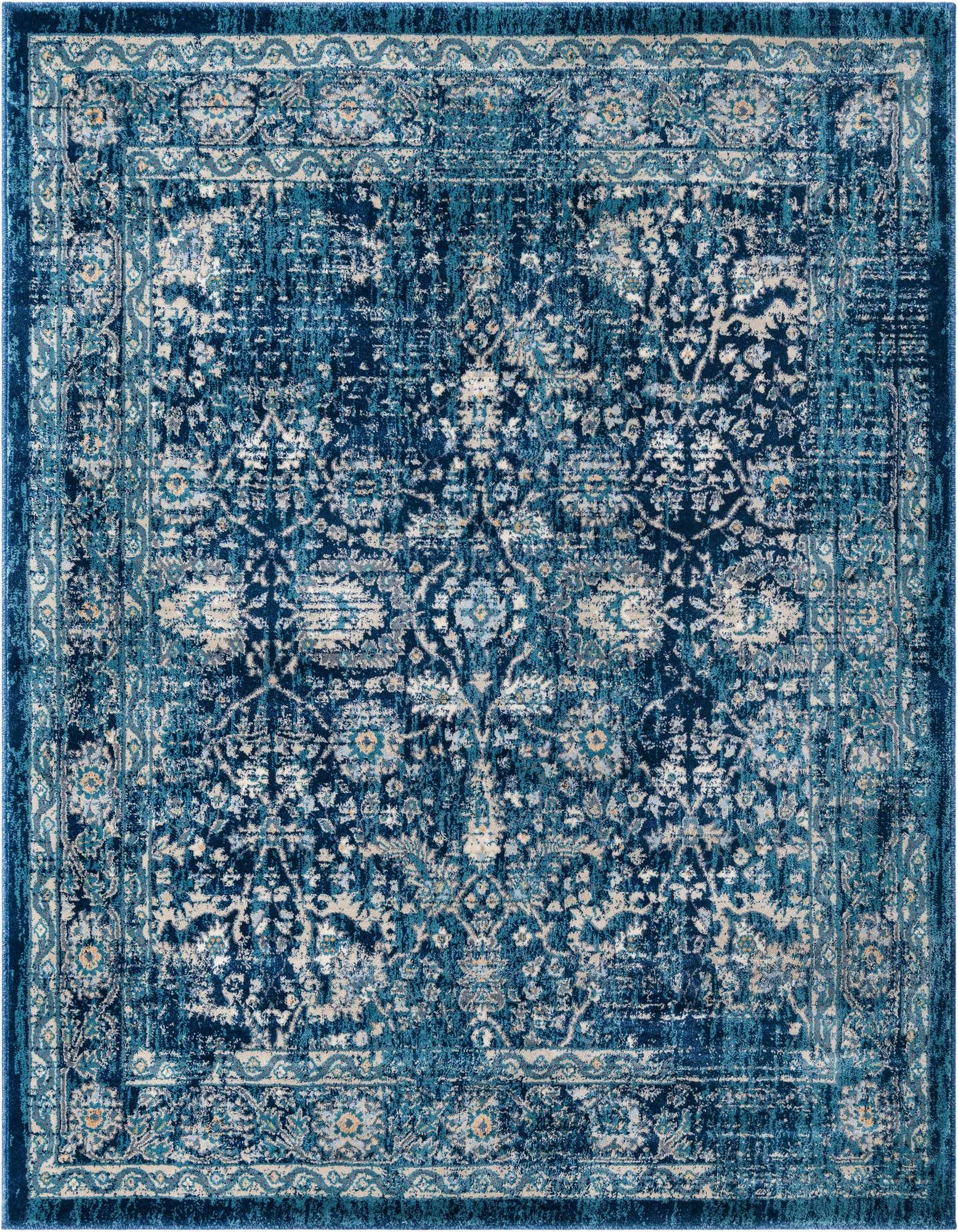 A 5'3" x 5'3" square Dahlia rug featuring a distressed traditional floral pattern in varying shades of navy blue and light blue.