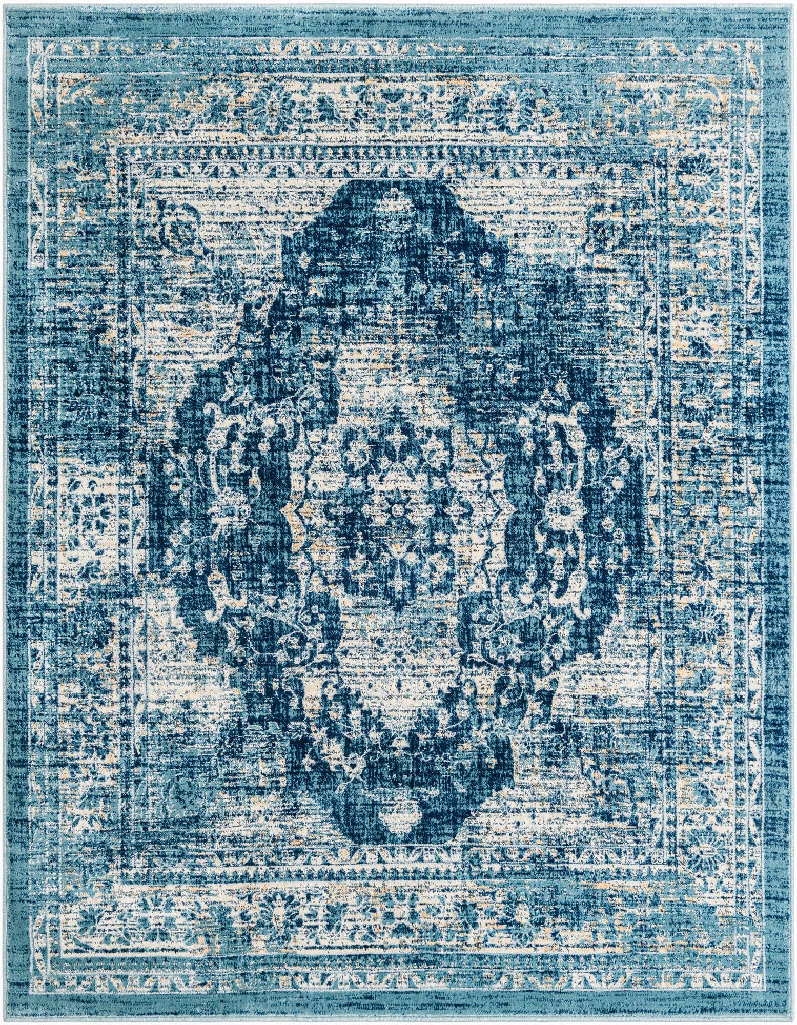 A square 6' x 6' Dahlia rug in various shades of blue and cream, featuring a distressed traditional medallion pattern.