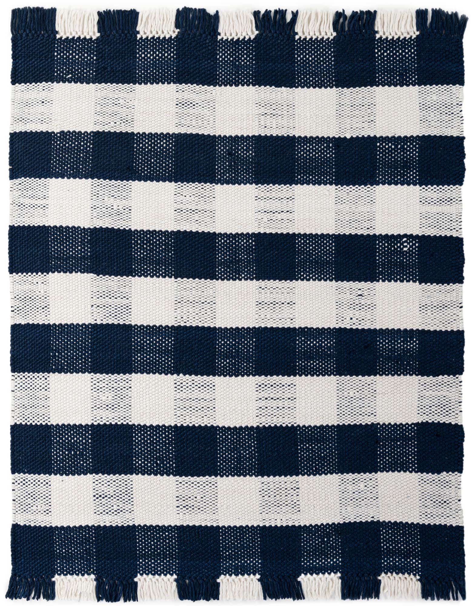 A 6'x6' square Eco Plaid rug featuring a bold navy blue and white checkerboard pattern with fringed edges, suitable for indoor or outdoor use.