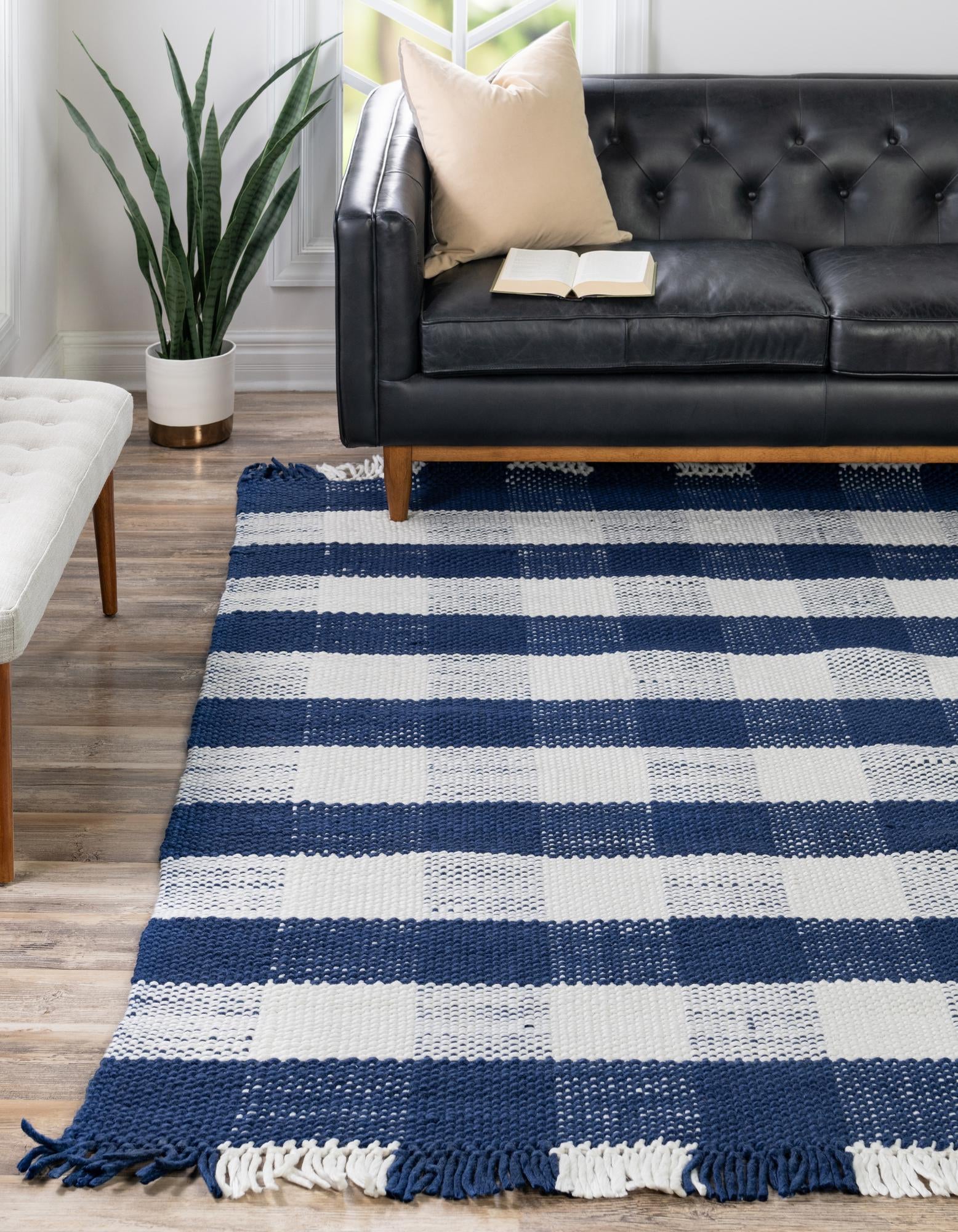 Navy Blue 7' 10 x 7' 10 Eco Plaid Indoor Washable Indoor / Outdoor ...