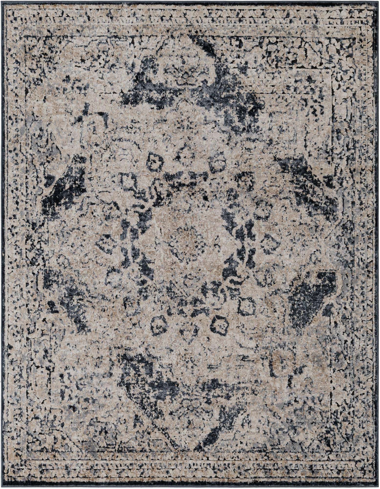 A square 5'3" x 5'3" Eliza collection rug with a distressed traditional pattern in shades of blue and beige.