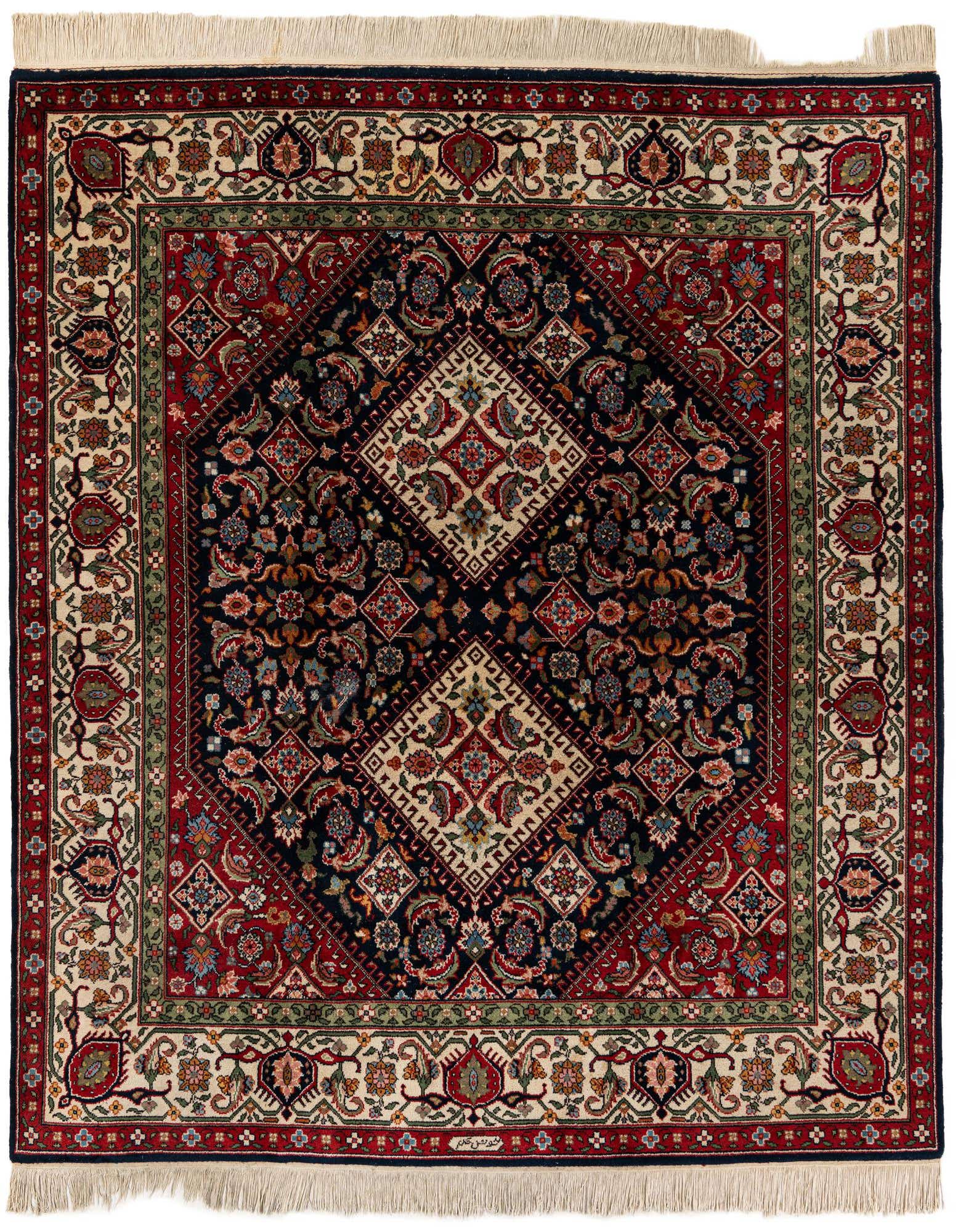A 7' 5 x 8' 8 square Farahan wool rug featuring a traditional Oriental medallion pattern in navy blue, red, and cream.
