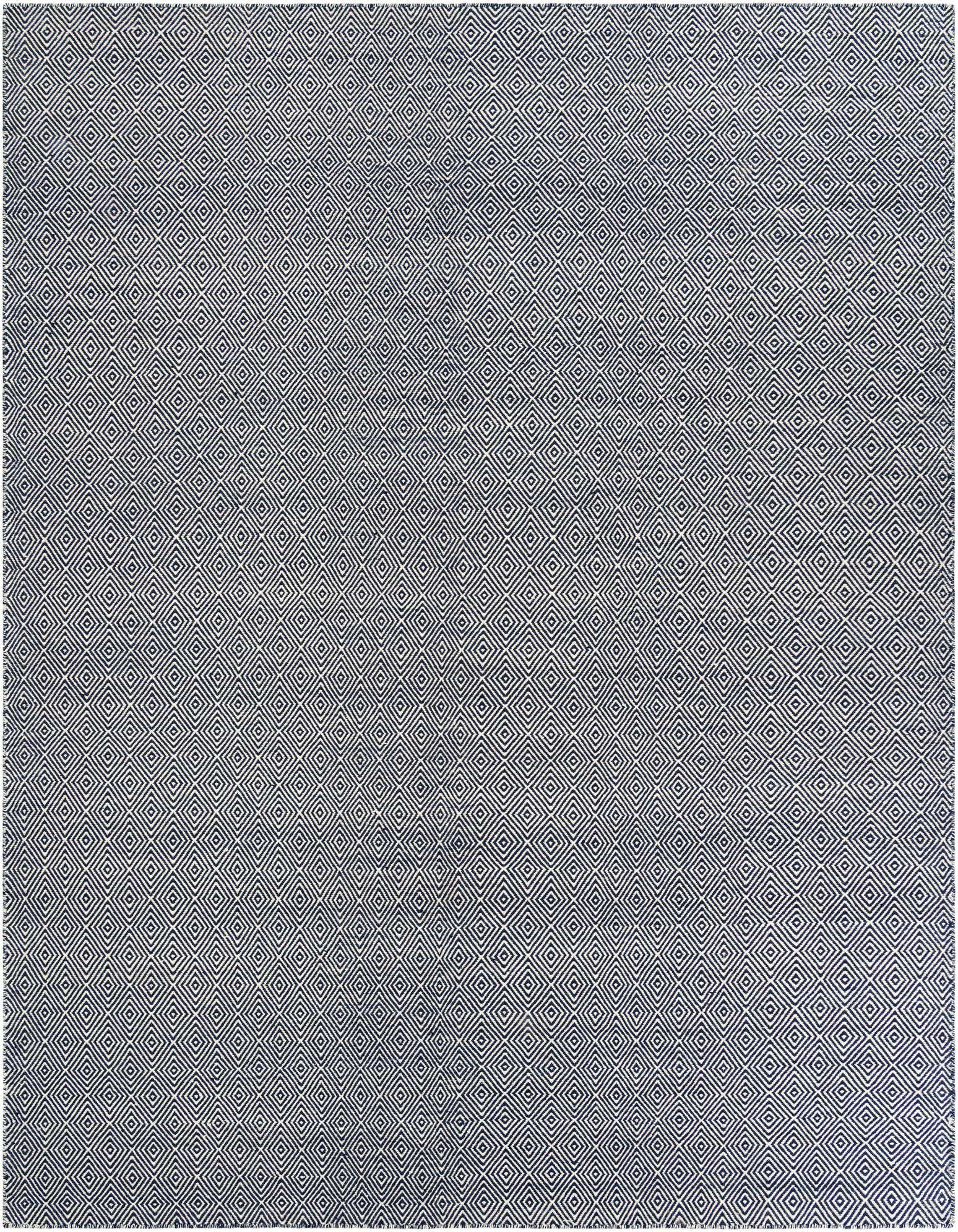 A square 10'x10' navy blue and white flatweave rug with a repeating geometric trellis pattern, perfect for a modern living space.