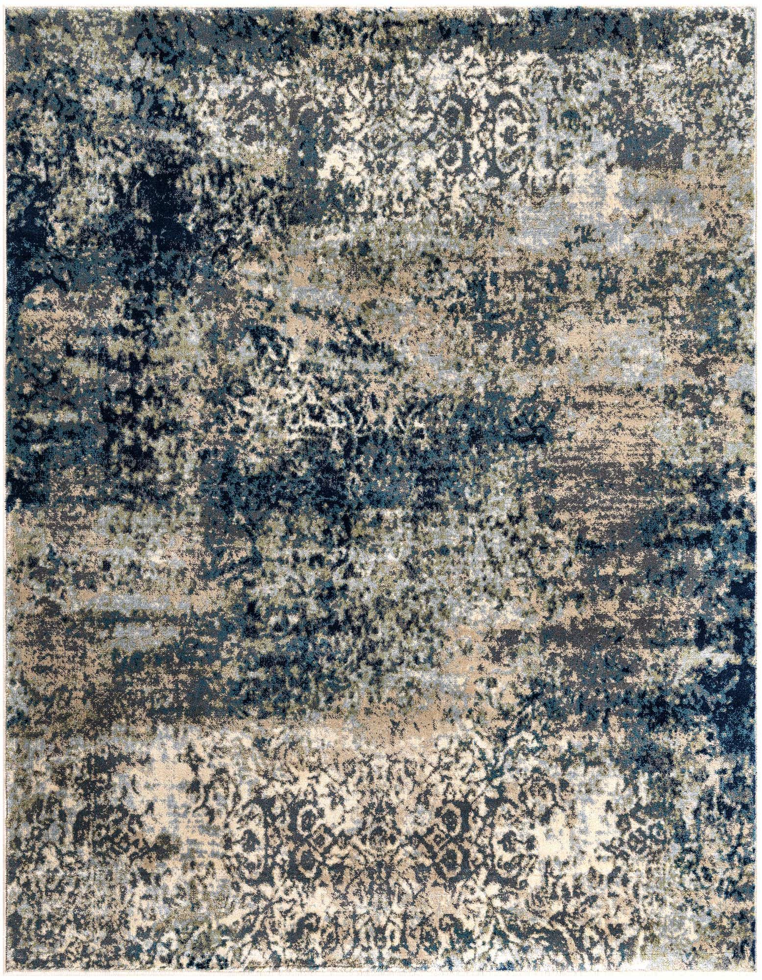 A 5' 3 square Rugs.com Gossamer rug featuring an abstract, transitional pattern in various shades of blue and beige, with a thin pile.