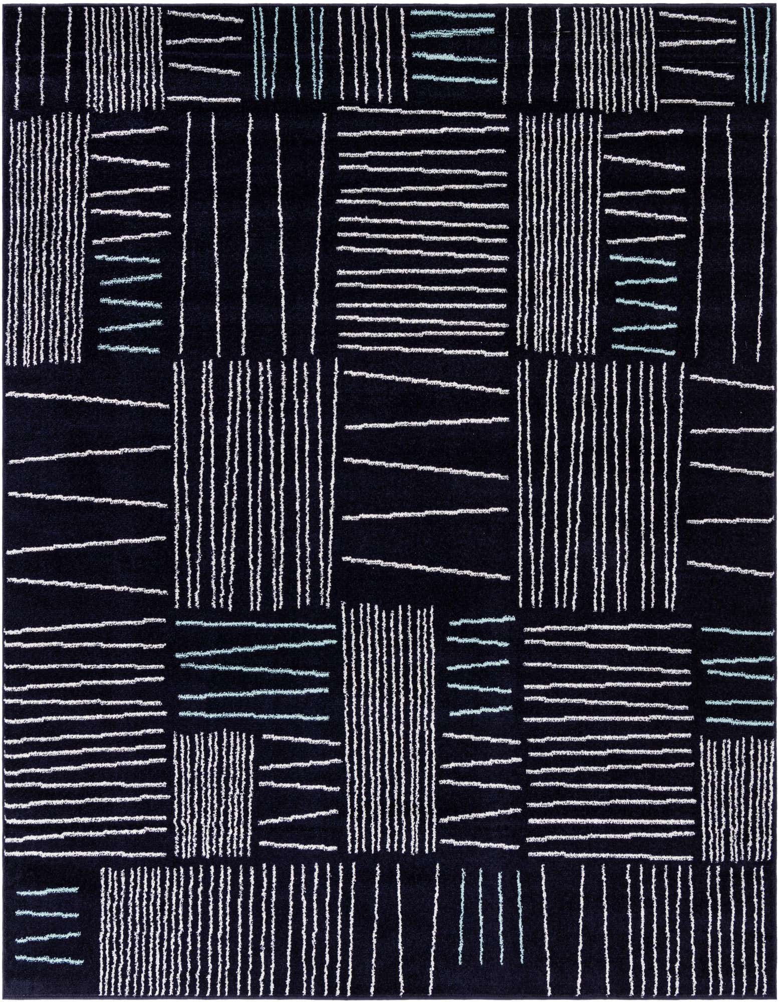 A 7' 10 x 7' 10 square navy blue contemporary rug with an abstract pattern of white and light blue horizontal and vertical lines.