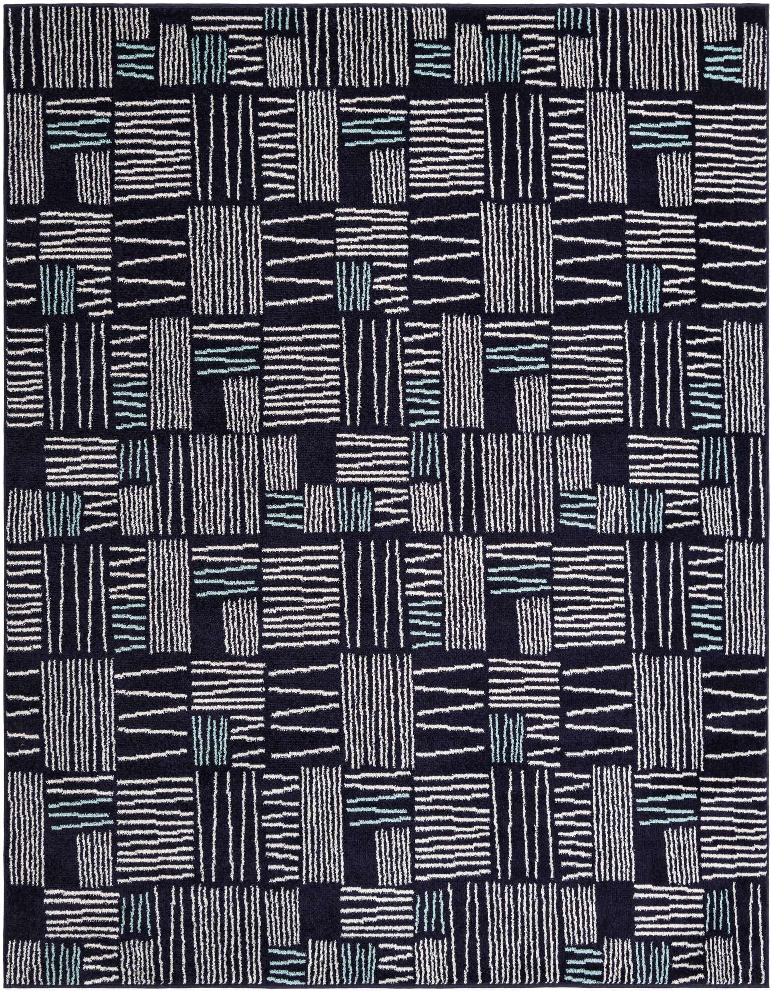 A square Hanahan area rug featuring a modern abstract pattern of white and light blue dashes on a dark navy blue background.