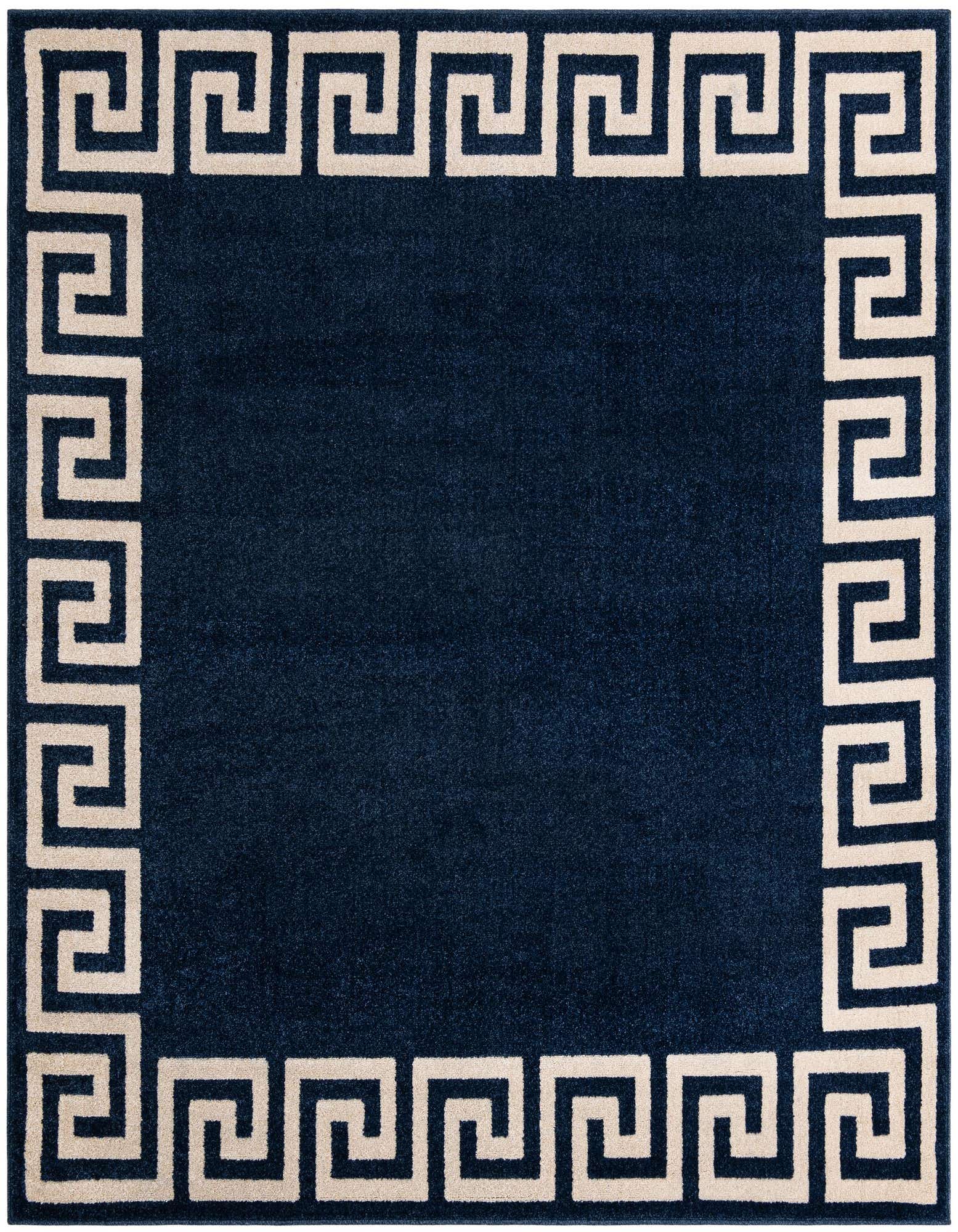 A square navy blue area rug with a thick, light beige Greek key border pattern, suitable for a living room.