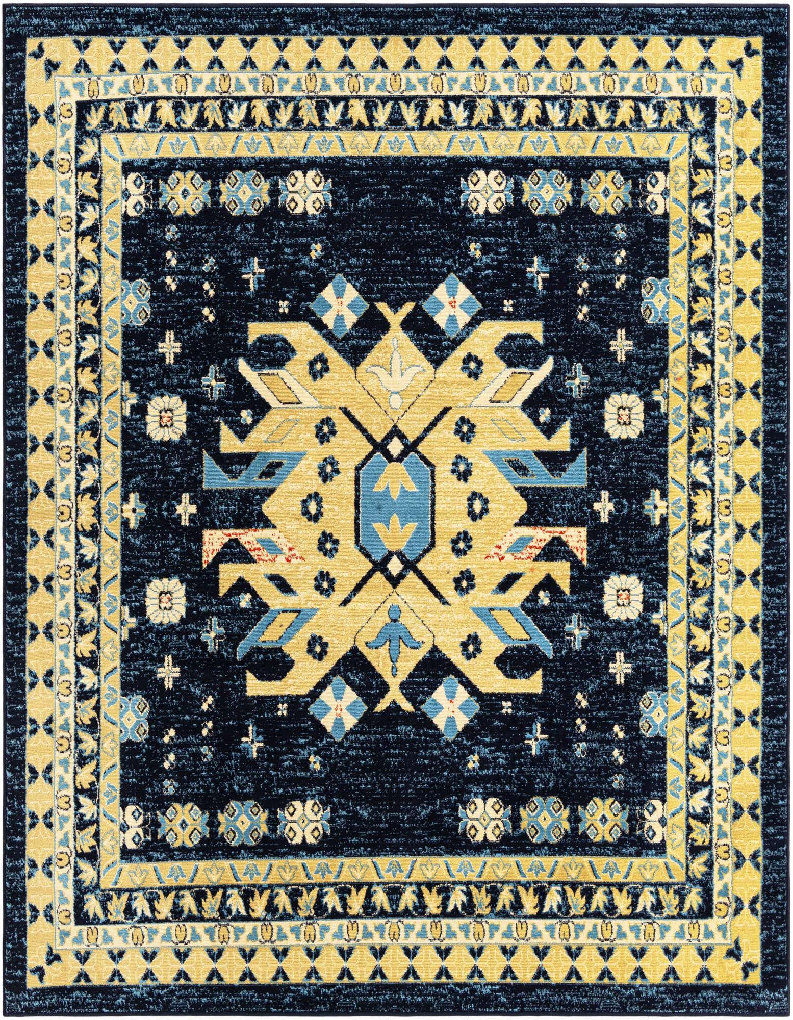 A square navy blue and yellow Heris rug with a central medallion and intricate tribal patterns.