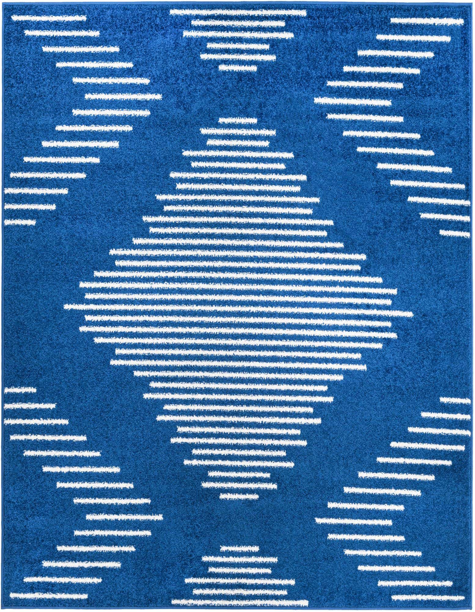 A 5' 3 x 5' 3 square Kai rug in deep blue with a modern white striped diamond pattern, suitable for indoor spaces.