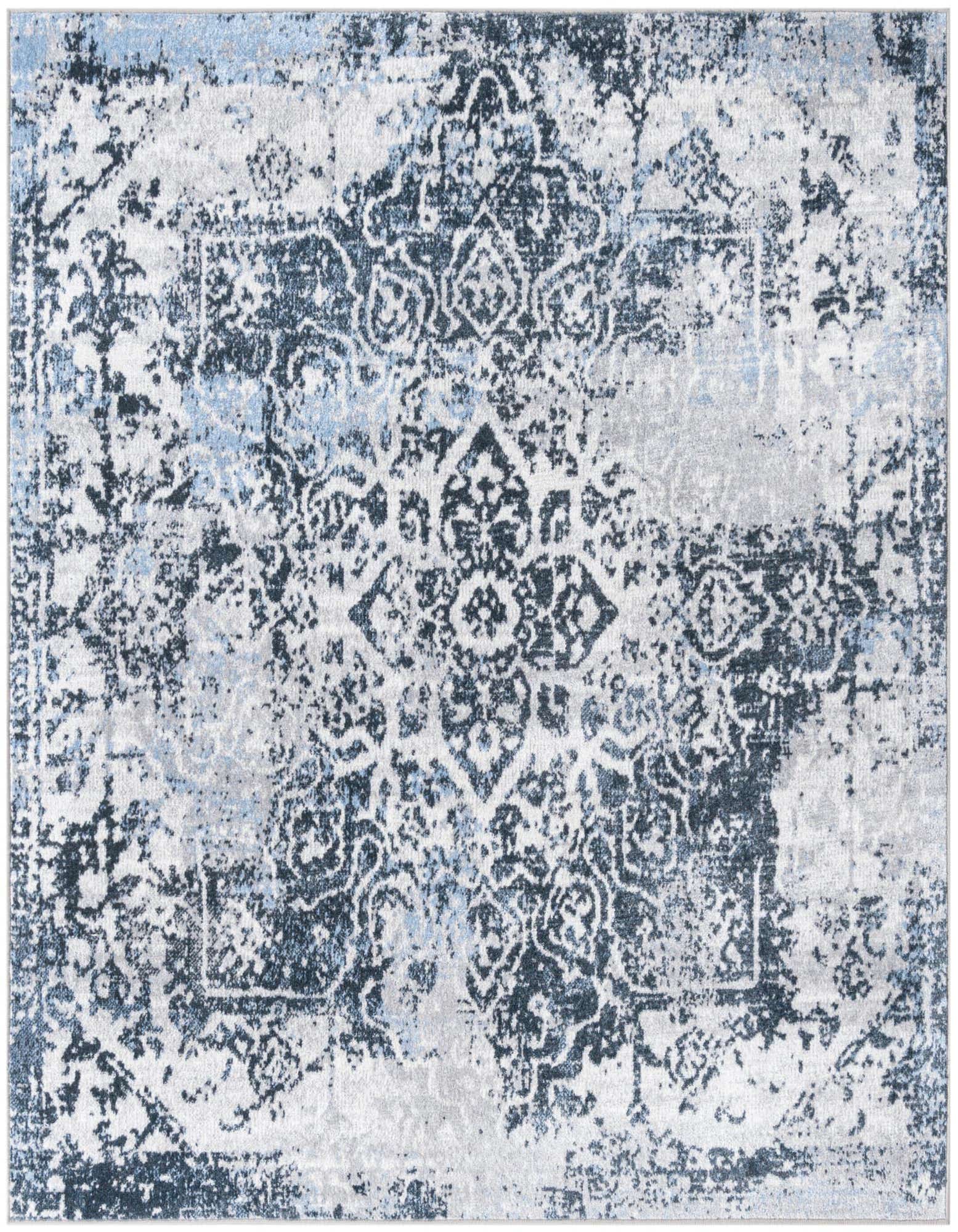 A 5' 3 x 5' 3 square Kamala Washable rug featuring a distressed navy blue and light blue traditional medallion pattern on a light gray background.