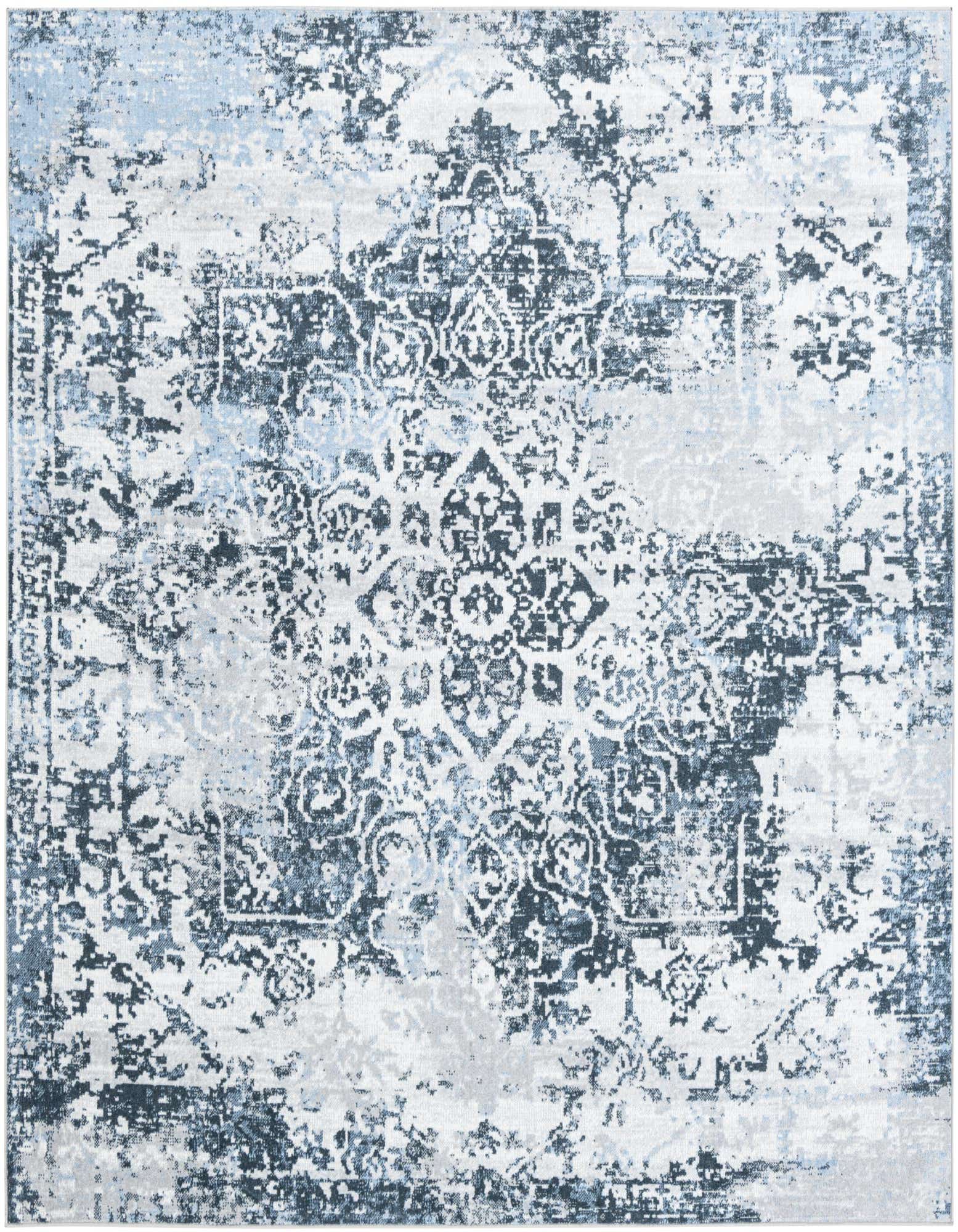A 7' 10 x 7' 10 square Kamala Washable rug featuring a distressed traditional medallion pattern in shades of navy blue and light blue on a white background.