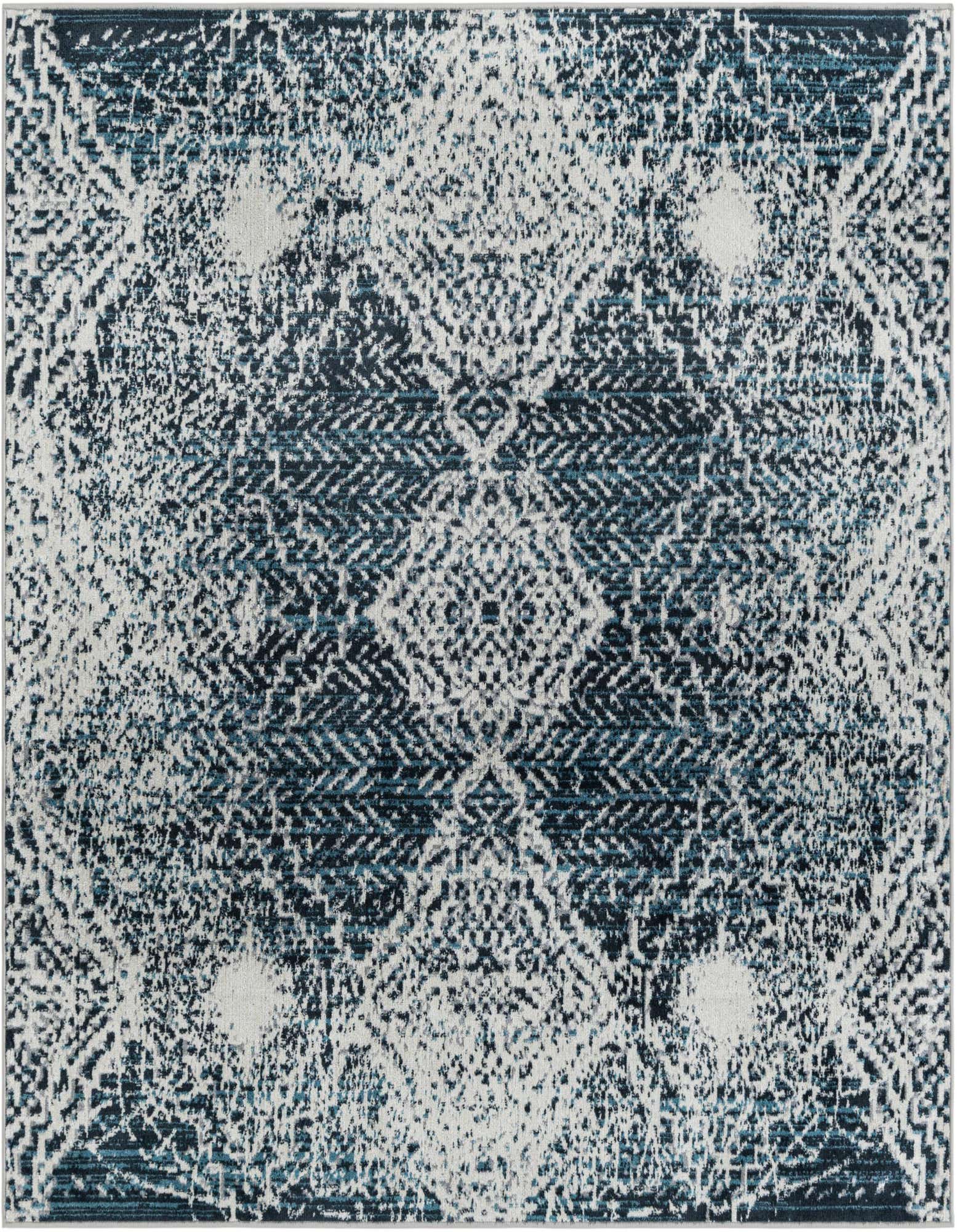 A 5'3" x 5'3" square Kamala Washable rug featuring a distressed traditional medallion pattern in varying shades of blue and white.