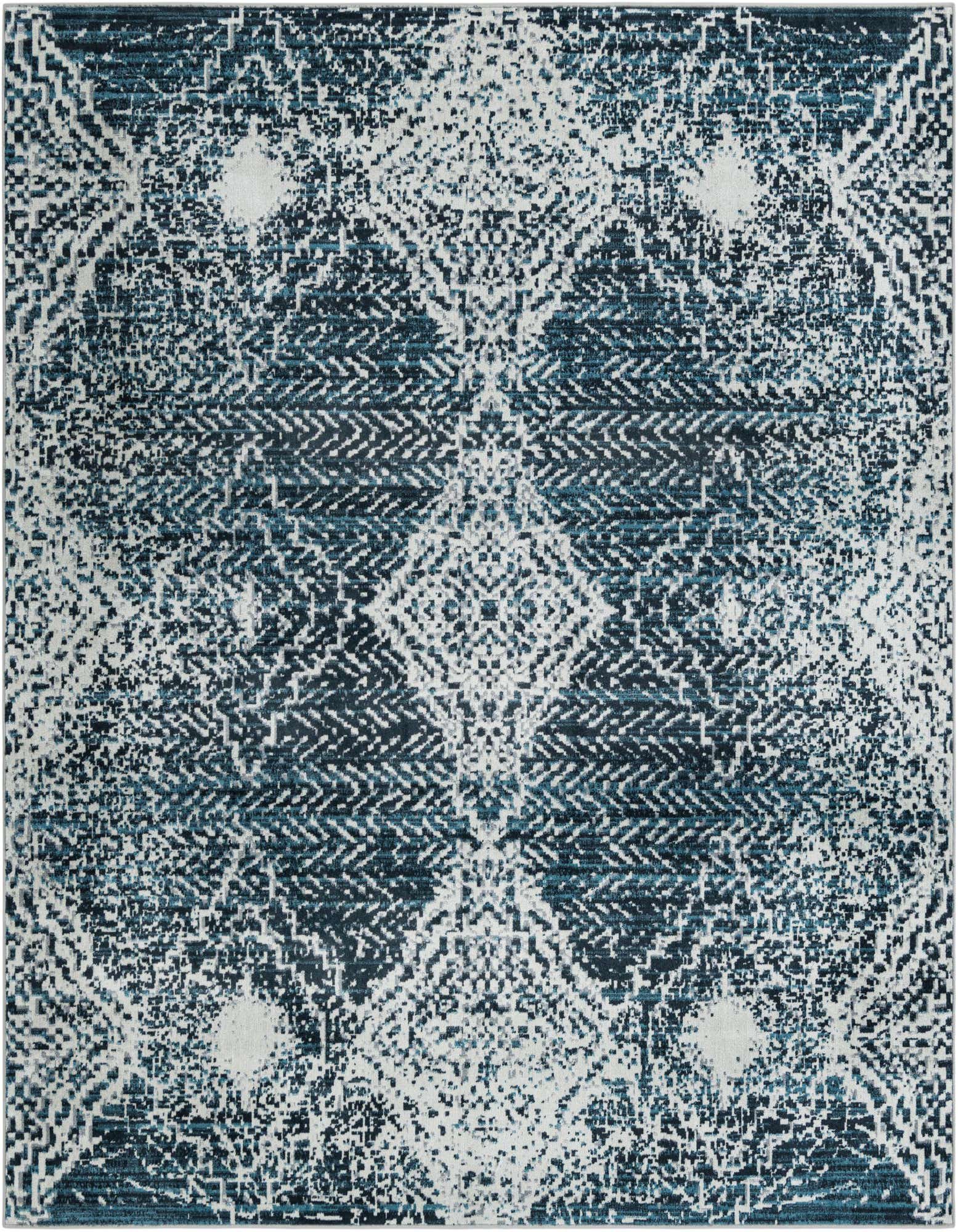 A square 7' 10 x 7' 10 Kamala Washable rug from Rugs.com, featuring a distressed traditional medallion pattern in varying shades of blue and white.
