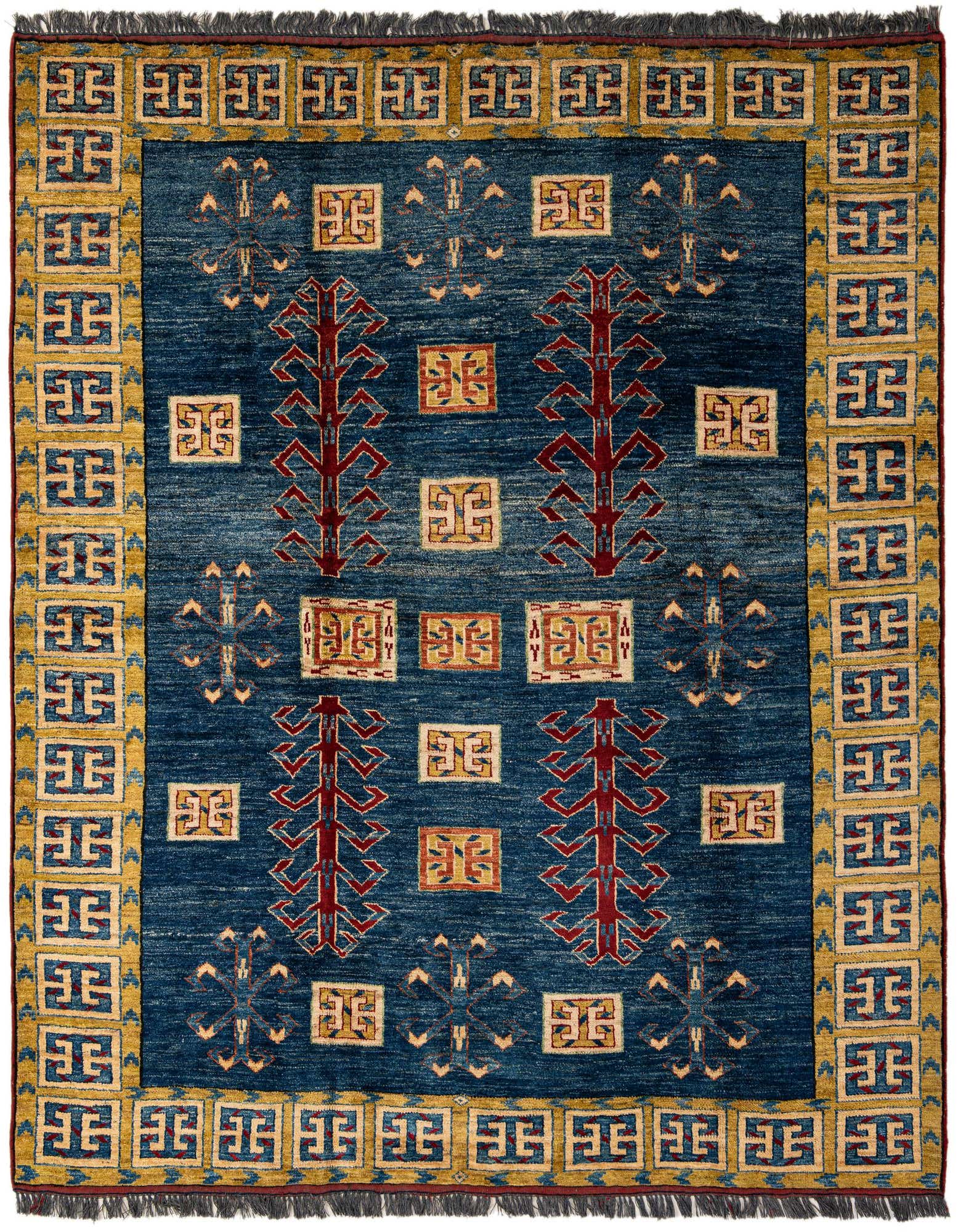 A 6' 6 x 6' 8 square navy blue Oriental rug with red tree-like motifs and a gold geometric border.