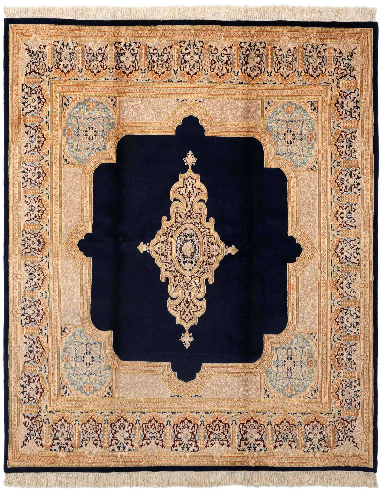 A square Kerman rug, 8'2" x 8'2", featuring a navy blue field with an ornate cream and gold traditional medallion design, surrounded by a detailed border.