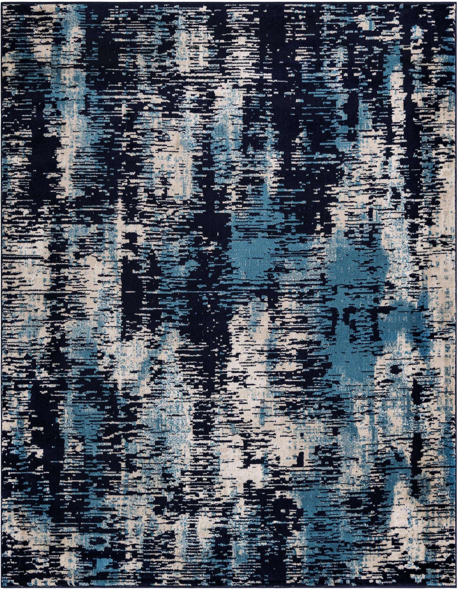 A square 7' 10 x 7' 10 Laguna Collection rug featuring an abstract, modern pattern in varying shades of navy blue, light blue, and cream, suitable for an indoor living space.