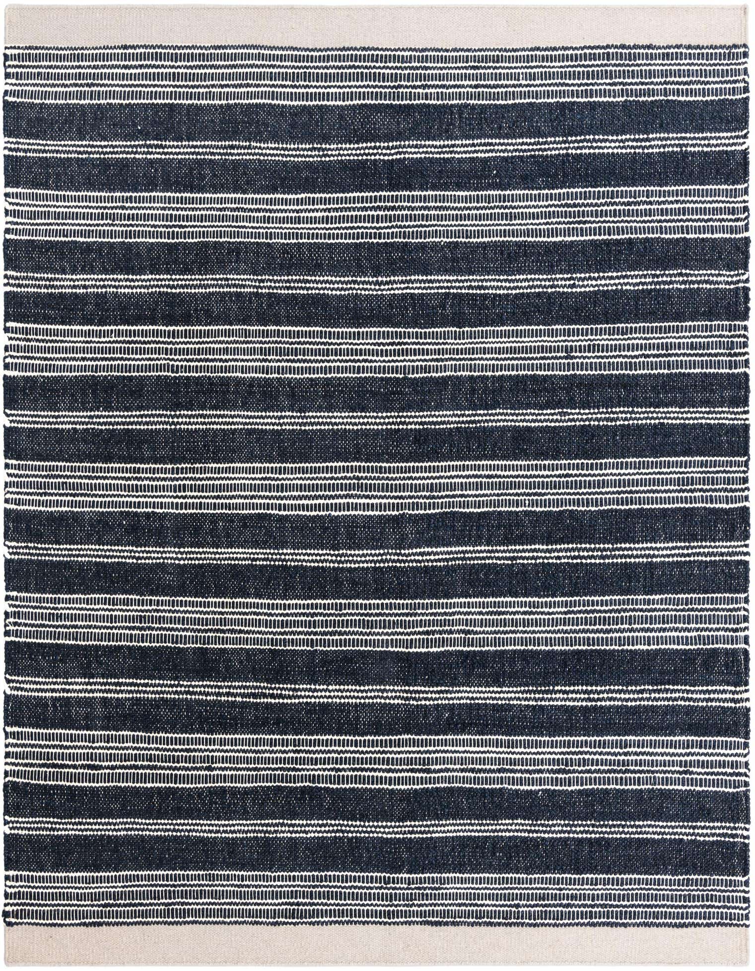 A square Lariat rug featuring wide navy blue stripes alternating with thin white textured stripes, with a light border.