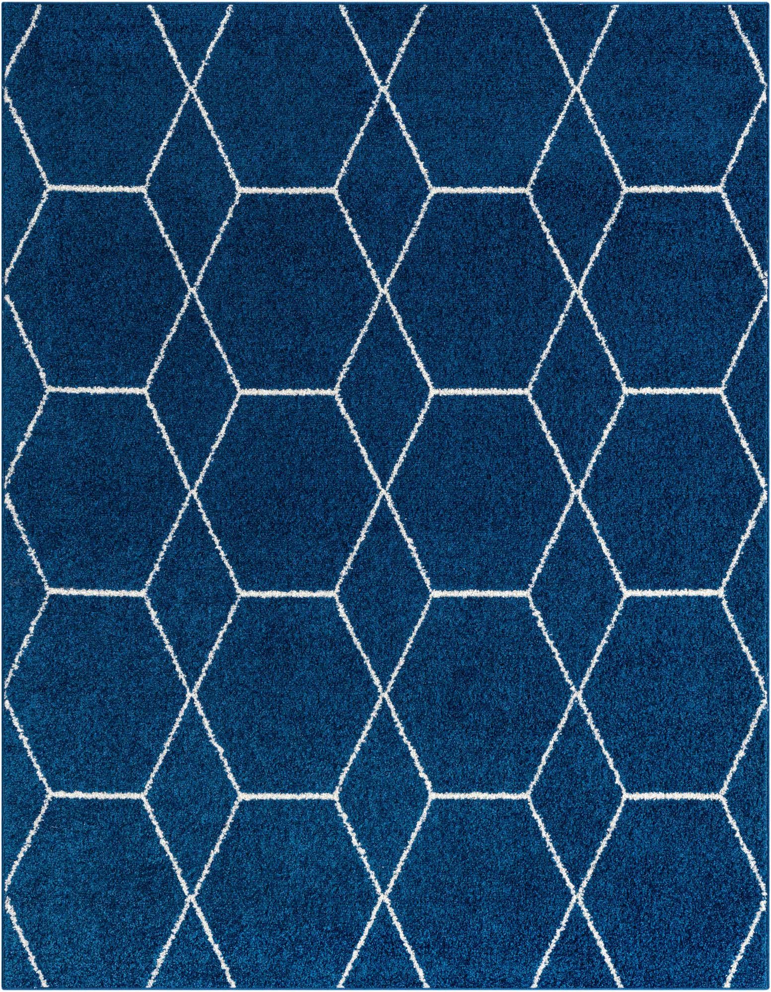 A square 3'x3' navy blue rug with a white modern trellis pattern, made of polypropylene.