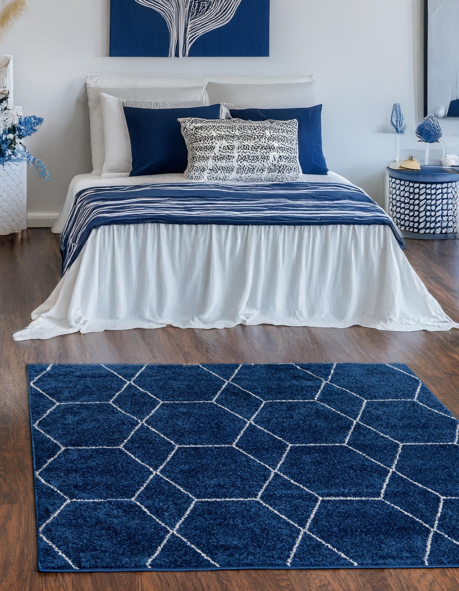 Navy Blue 5' x 5' Lattice Frieze Square Rug | Rugs.com