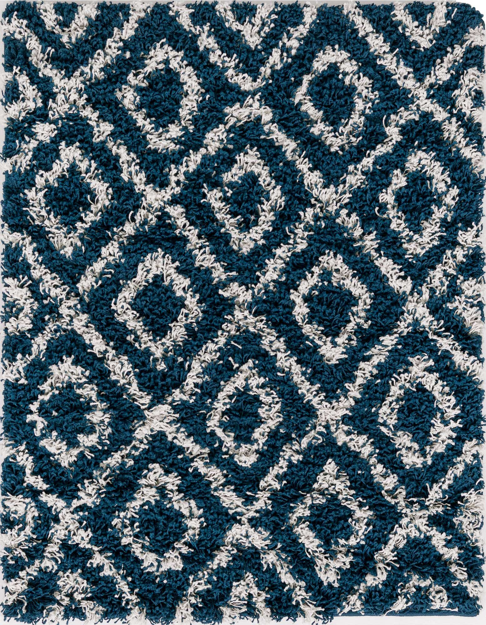 A square 3' 3 x 3' 3 navy blue and white shag rug with a modern lattice pattern.