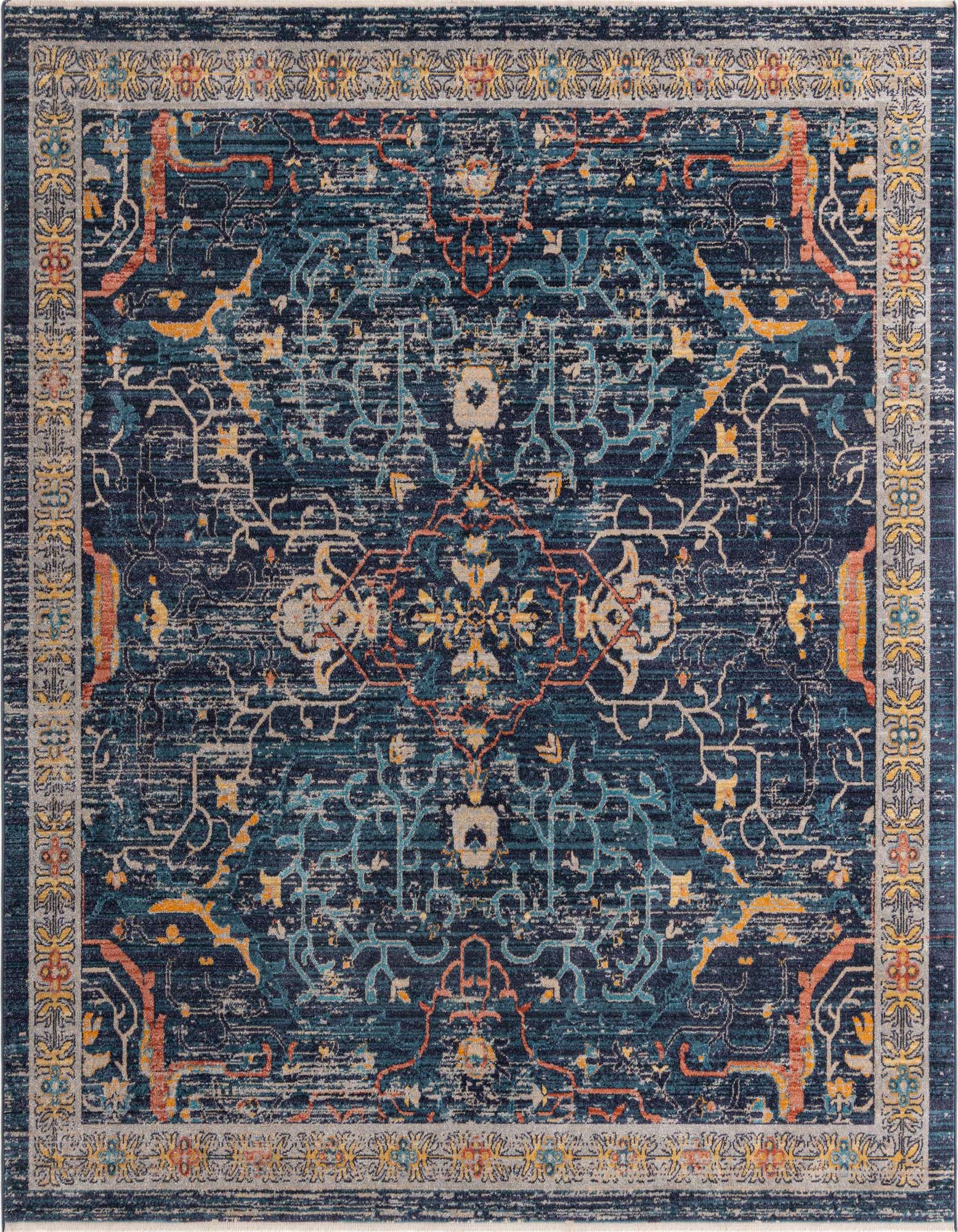 A 7' 10 x 7' 10 square Lola collection rug featuring a distressed tribal and traditional pattern in shades of navy blue, light blue, orange, and yellow.